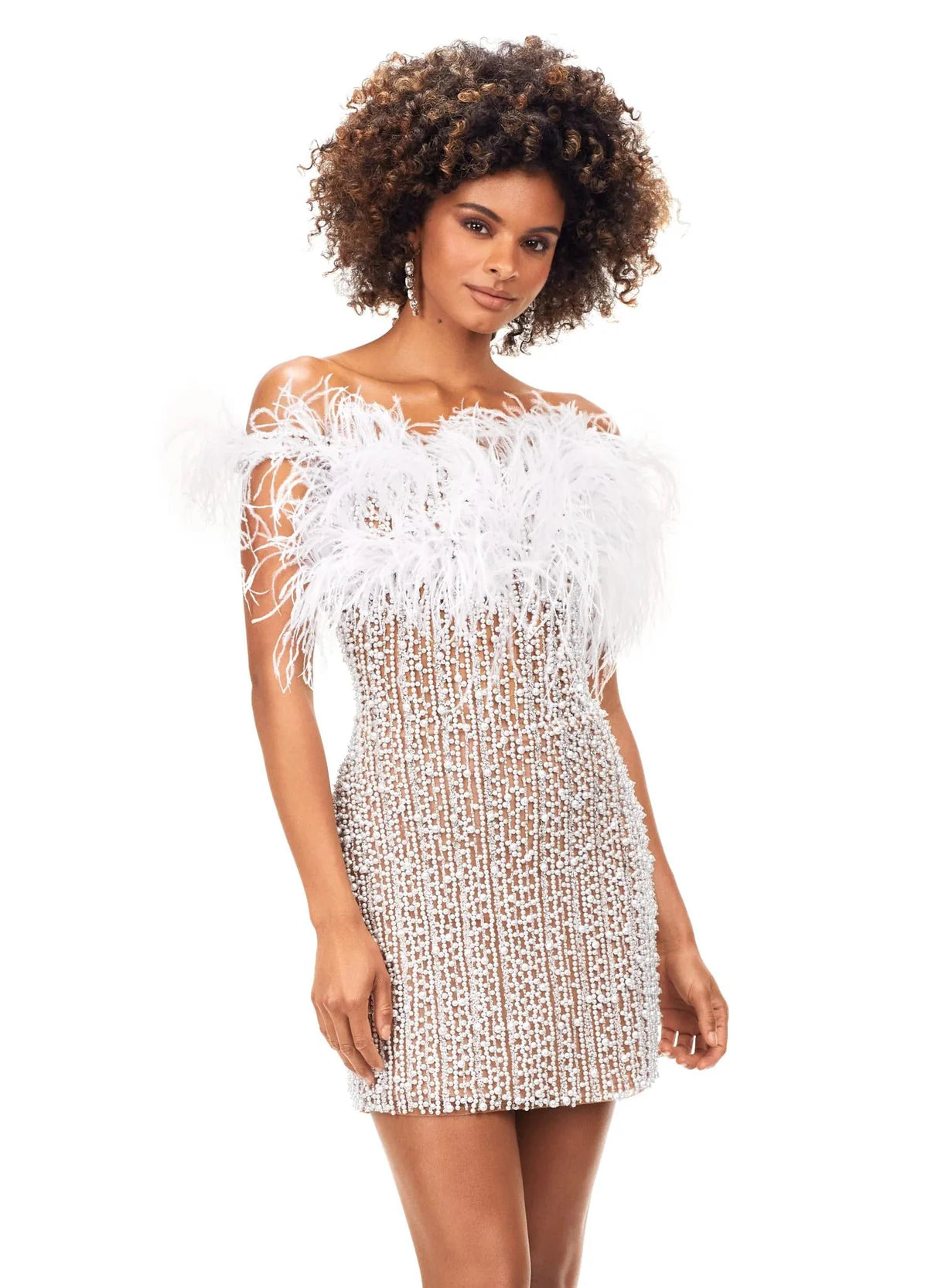 Chic mini dress adorned with shimmering beadwork, featuring an off-shoulder feathered neckline and a fitted silhouette for a glamorous look.