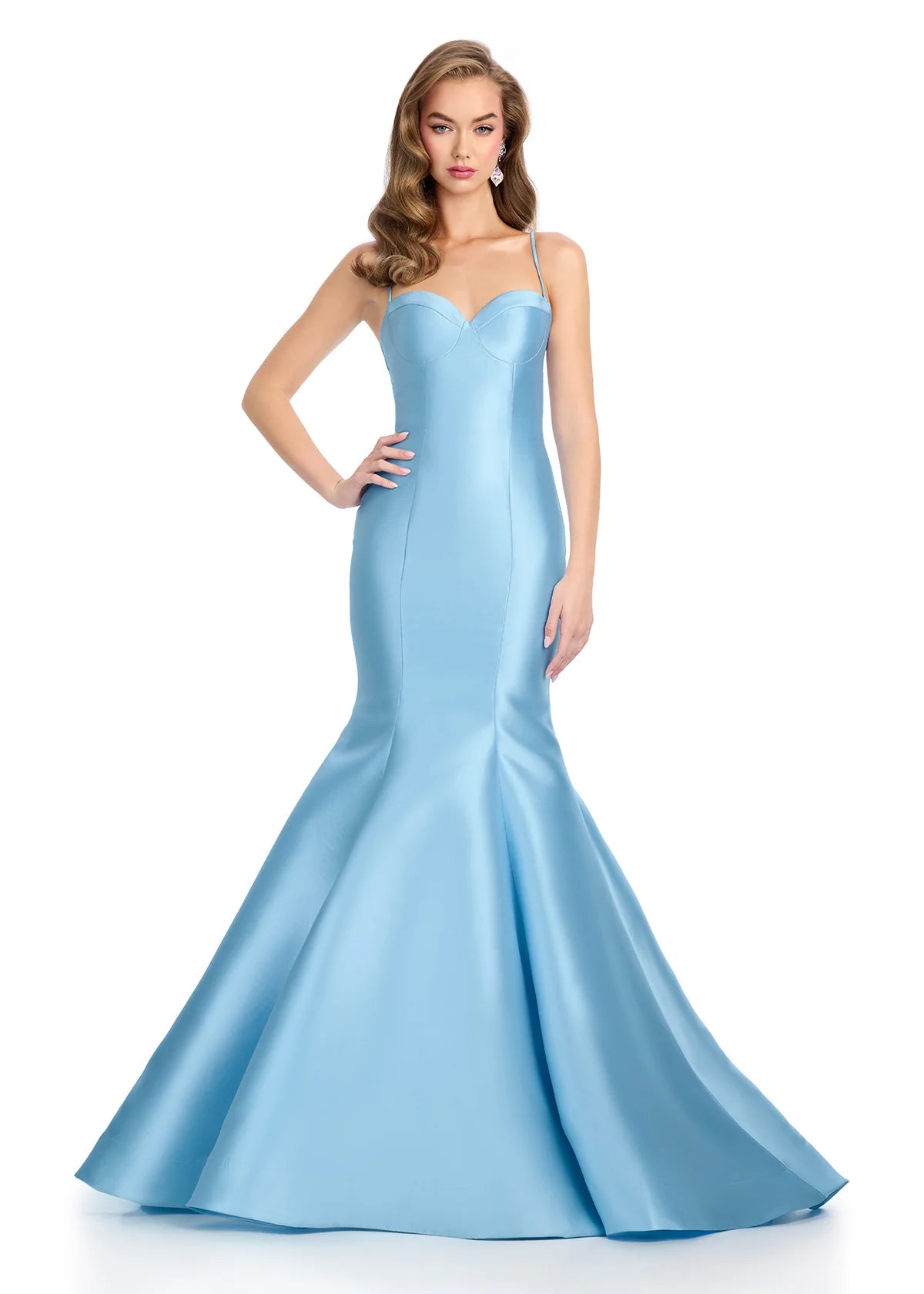 ASHLEYlauren 11911 Sky Priscilla Gown – Elegant mikado gown featuring a structured corset bustier, romantic sweetheart neckline, and a dramatic full mermaid skirt. A timeless and sophisticated choice for special occasions.