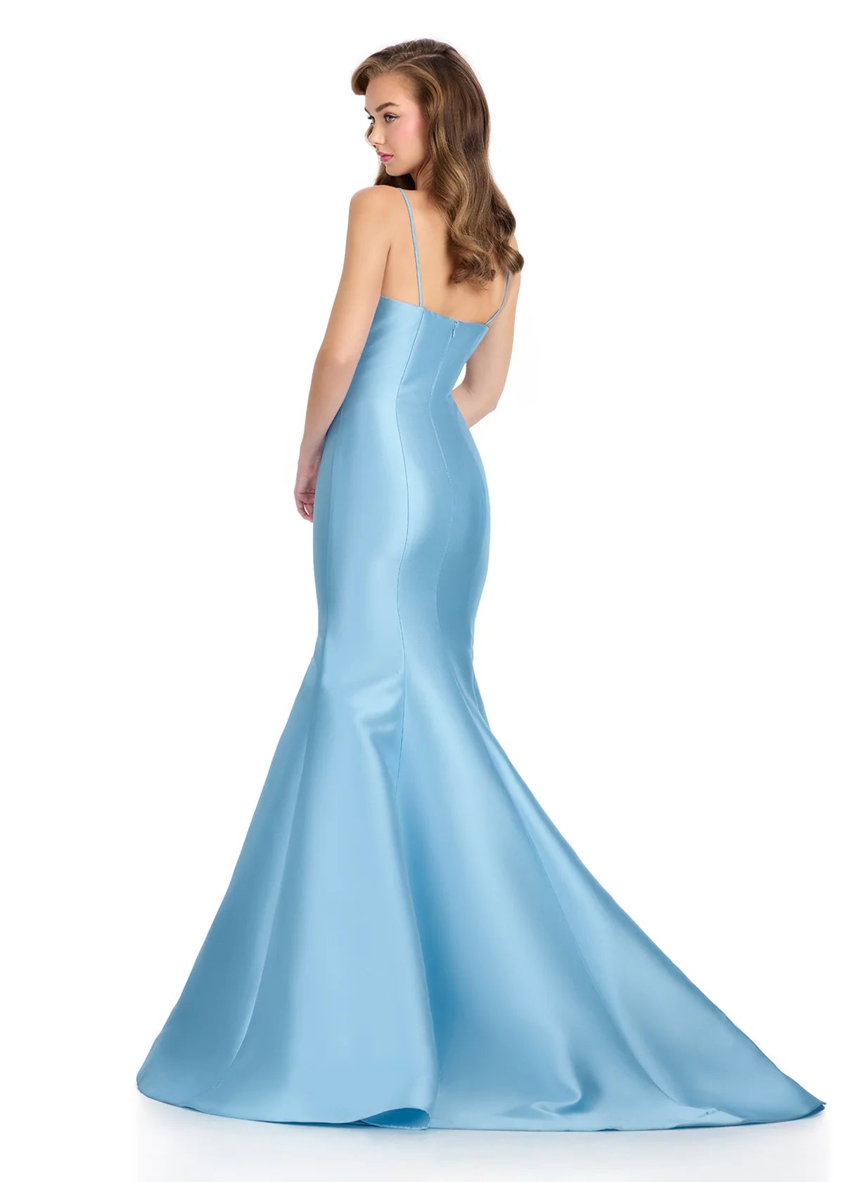 ASHLEYlauren 11911 Sky Priscilla Gown – Elegant mikado gown featuring a structured corset bustier, romantic sweetheart neckline, and a dramatic full mermaid skirt. A timeless and sophisticated choice for special occasions. Back view