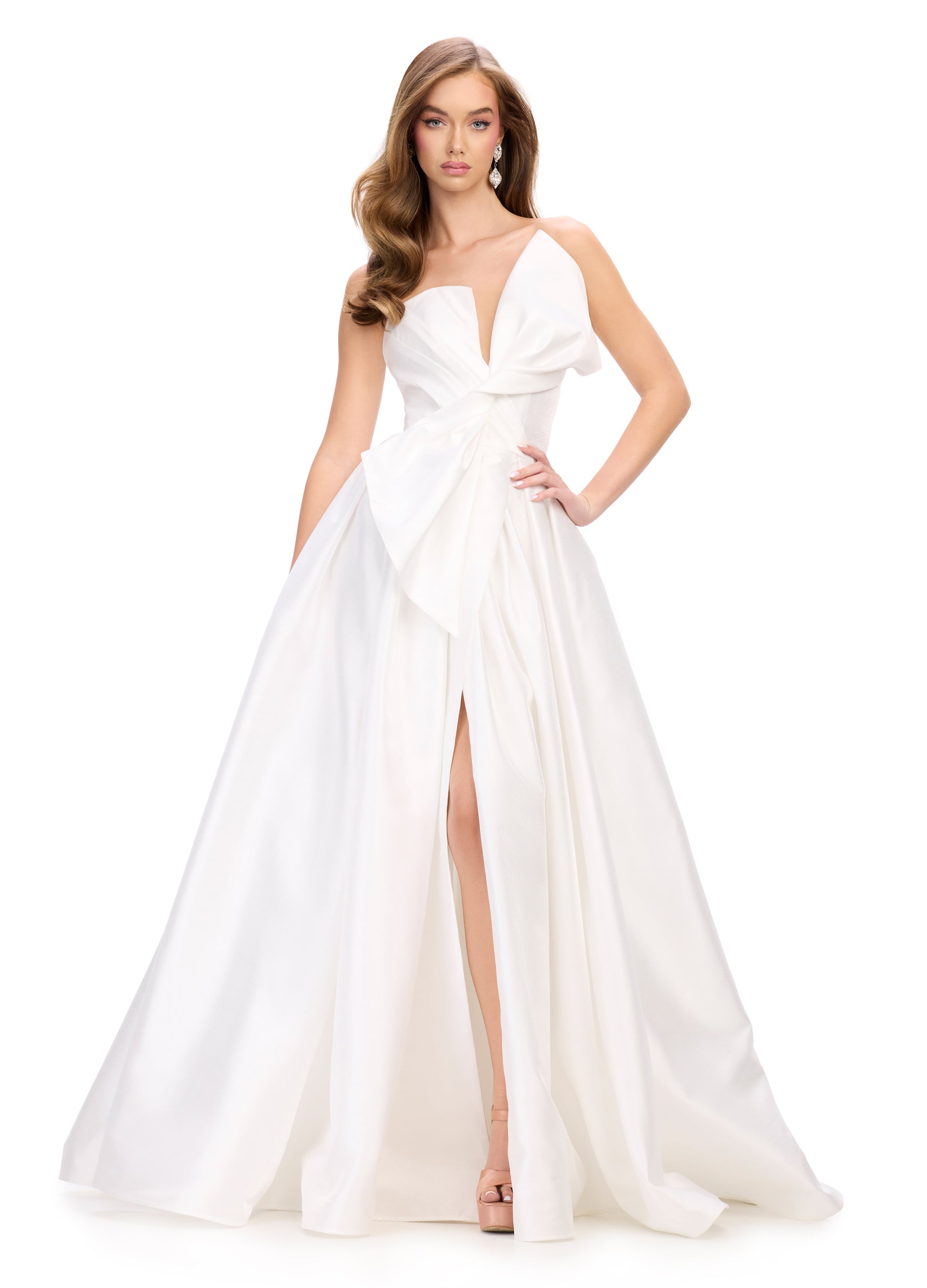 Delilah ASHLEYlauren Gown | White Twisted Bow Bodice, Ball Gown With Slit. Wedding Dress