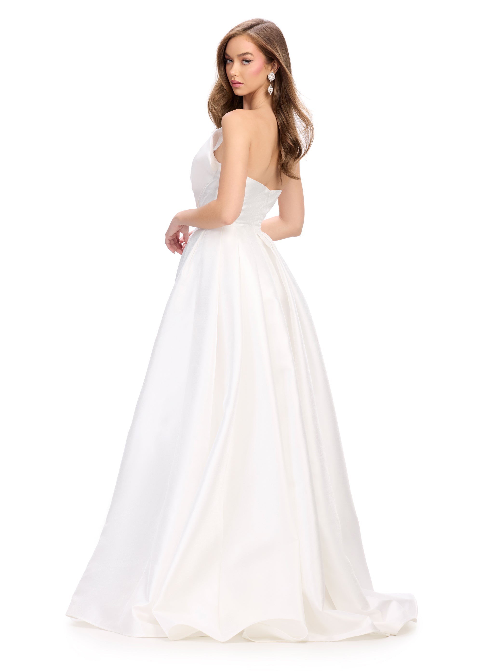 Delilah ASHLEYlauren Gown | White Twisted Bow Bodice, Ball Gown With Slit. Wedding Dress