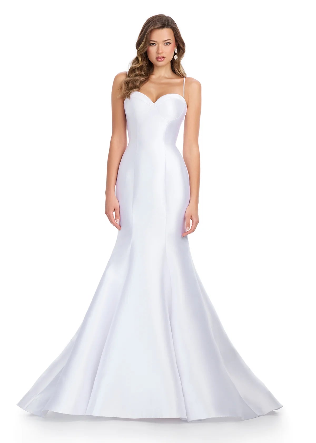 ASHLEYlauren 11911 White Priscilla Gown – Elegant mikado gown featuring a structured corset bustier, romantic sweetheart neckline, and a dramatic full mermaid skirt. A timeless and sophisticated choice for special occasions.