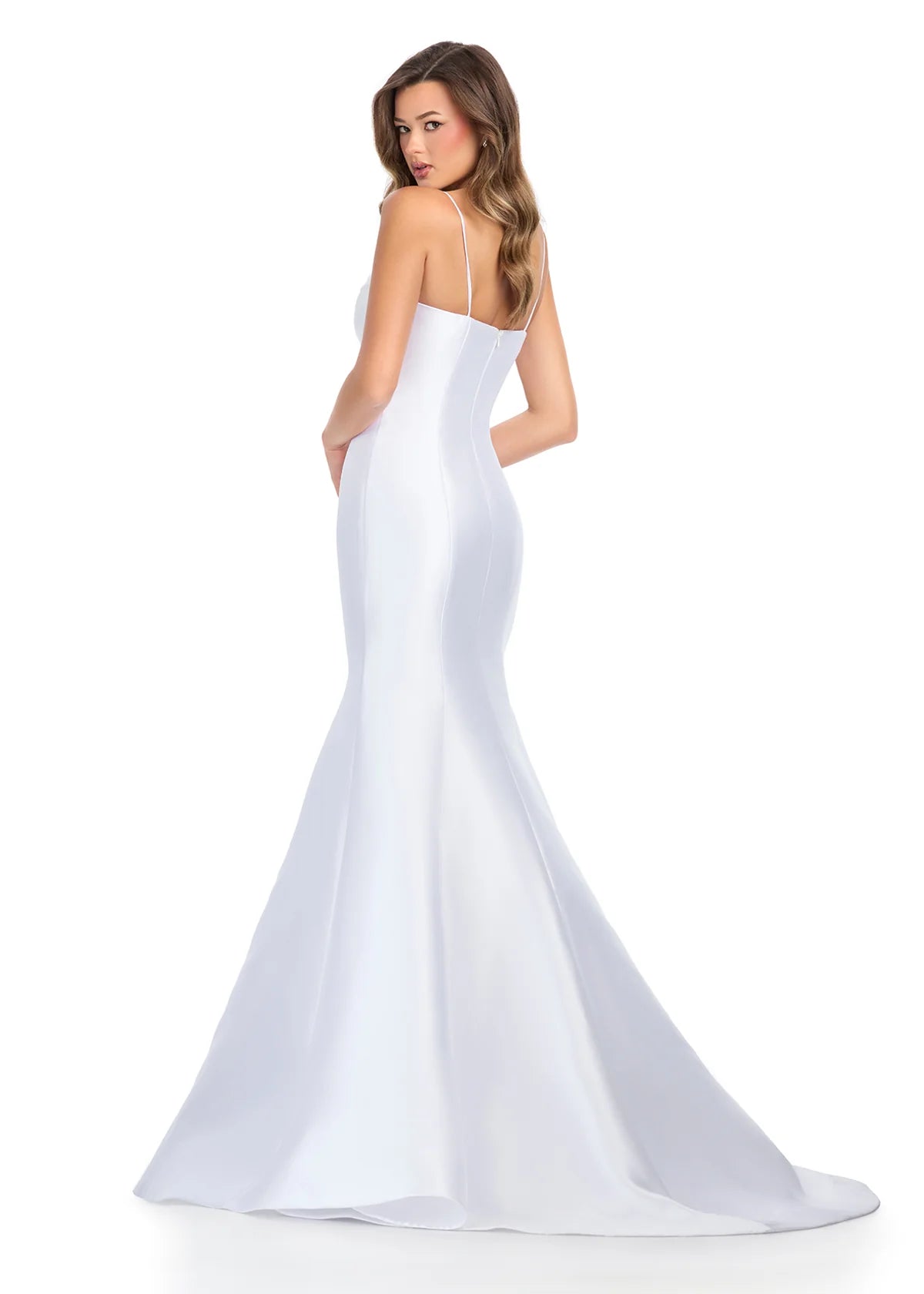 ASHLEYlauren 11911 White Priscilla Gown – Elegant mikado gown featuring a structured corset bustier, romantic sweetheart neckline, and a dramatic full mermaid skirt. A timeless and sophisticated choice for special occasions. Back view 