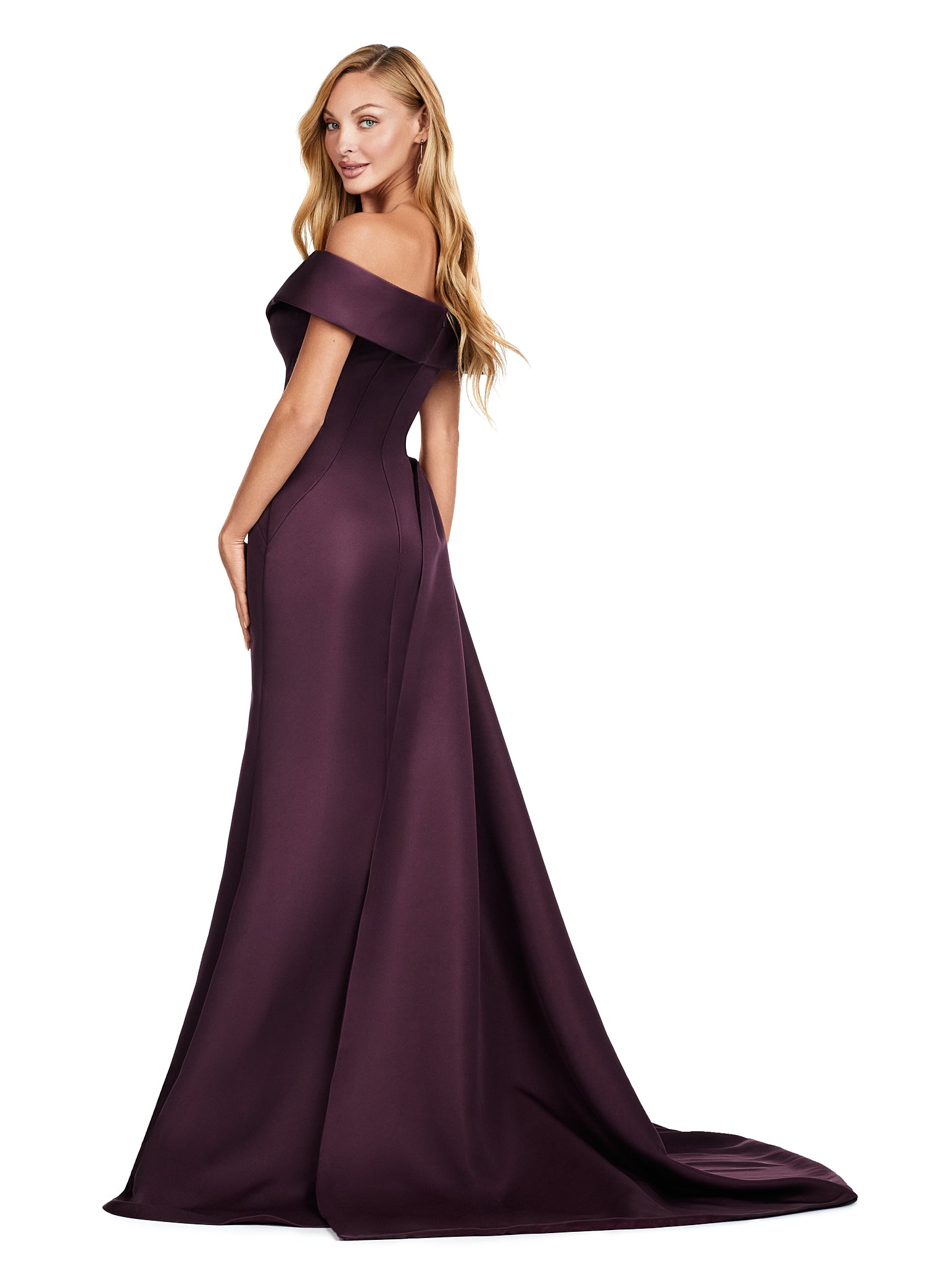 Back view - Regal wine-coloured evening gown featuring an off-the-shoulder neckline, elegant draped bodice, and statement side bow with intricate floral embellishment for added sophistication.