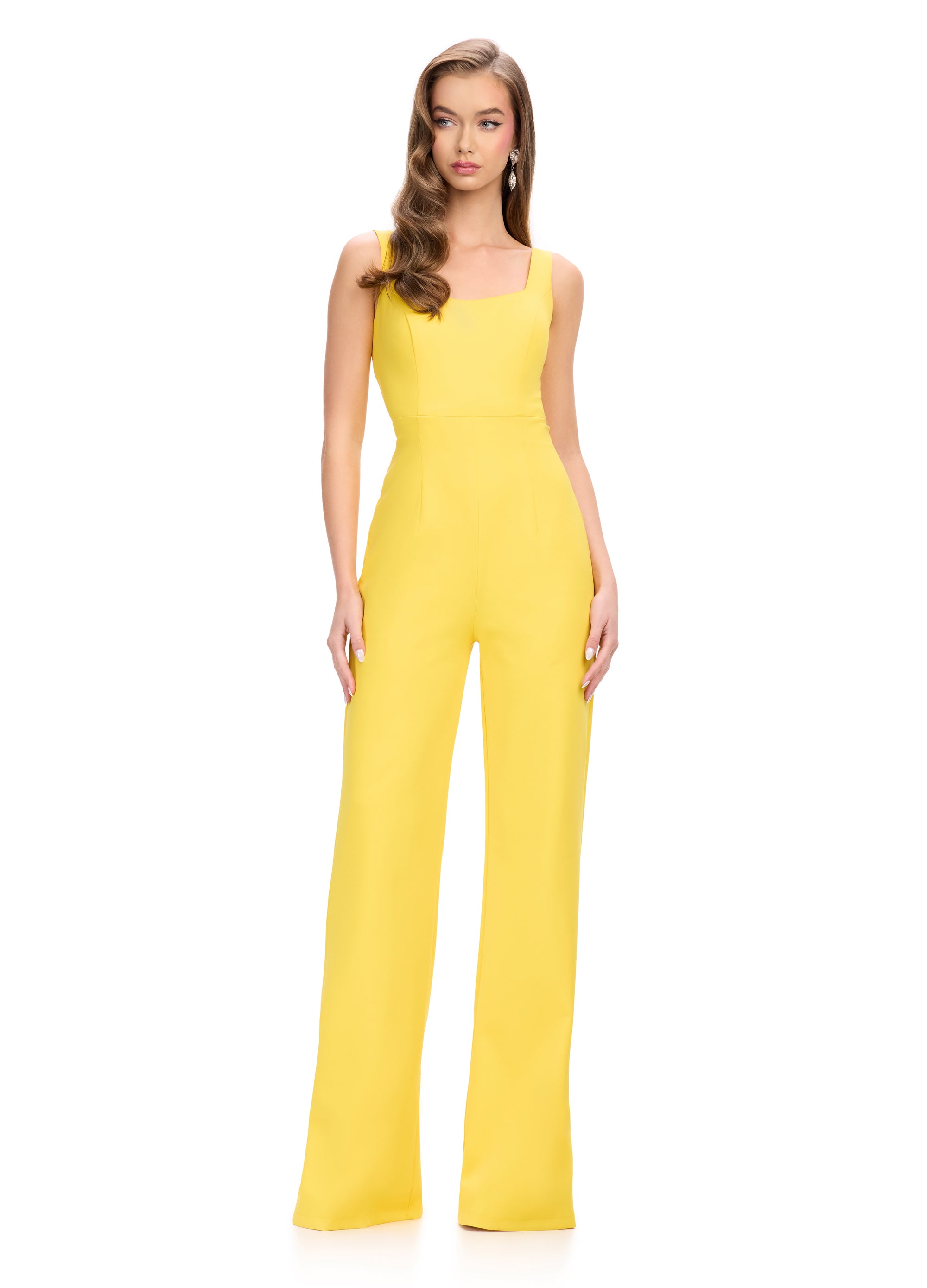 Yellow square-Neck Red Jumpsuit with Wide-Leg Silhouette | Elegant and Modern Evening Wear