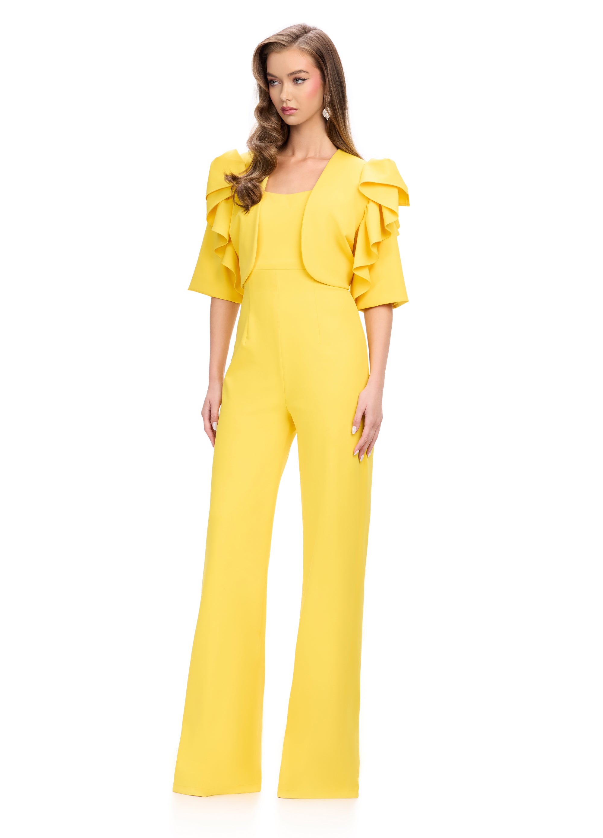 Yellow square-Neck Red Jumpsuit with Wide-Leg Silhouette | Elegant and Modern Evening Wear