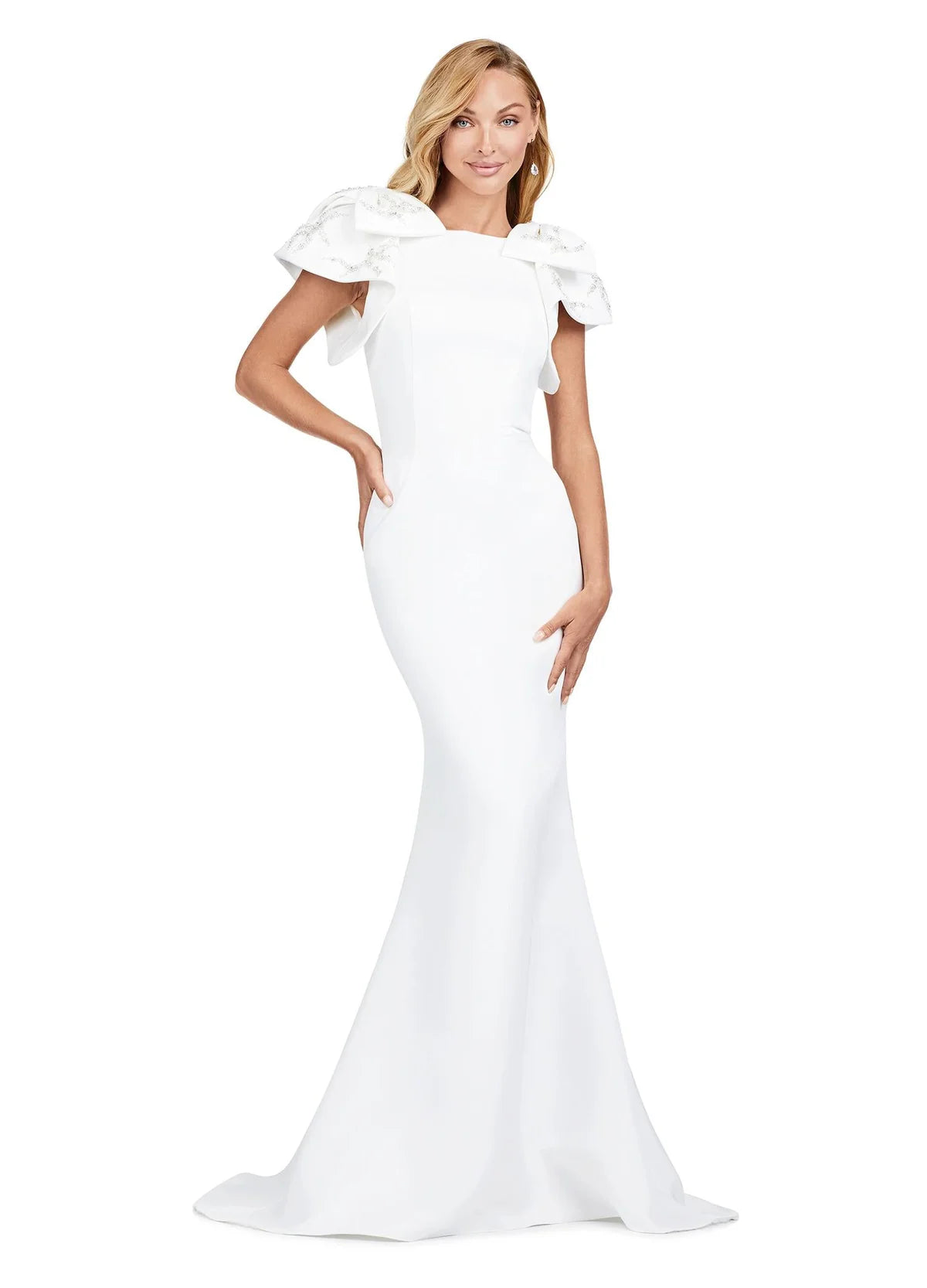 White mermaid gown with structured ruffle shoulder details, a fitted silhouette, and a floor-length train for a timeless and sophisticated appearance.