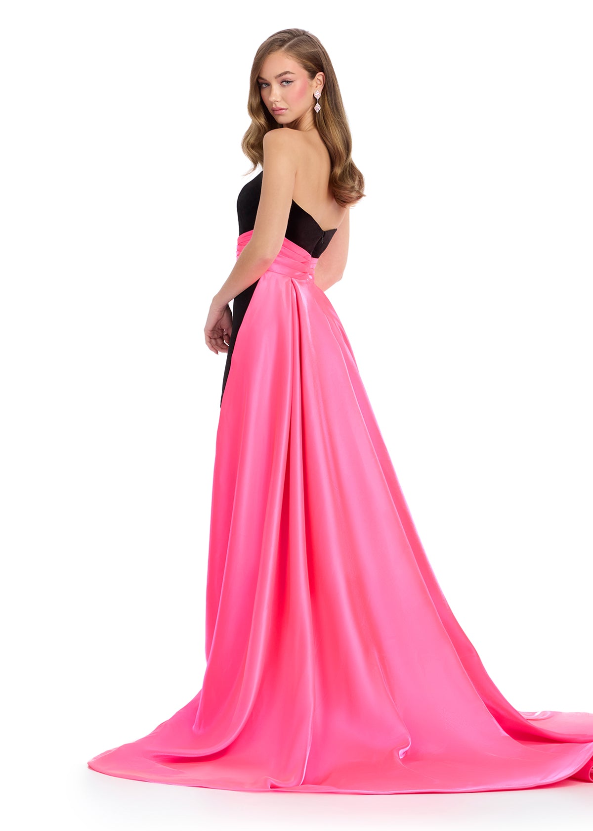 Strapless Evening Gown With Sweetheart Neckline, Side Slit, Contrasting Pink Sash And Train. Back View







