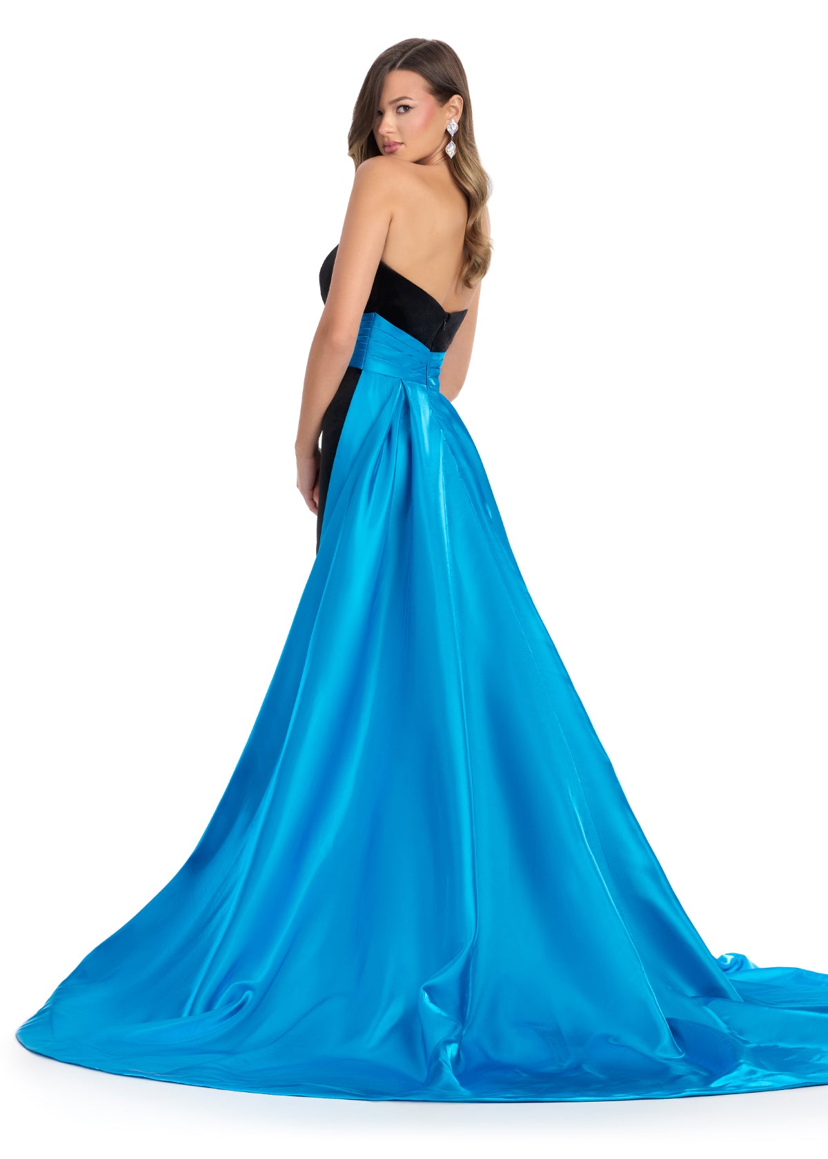 Strapless Evening Gown With Sweetheart Neckline, Side Slit, Contrasting Blue Sash And Train. Back View