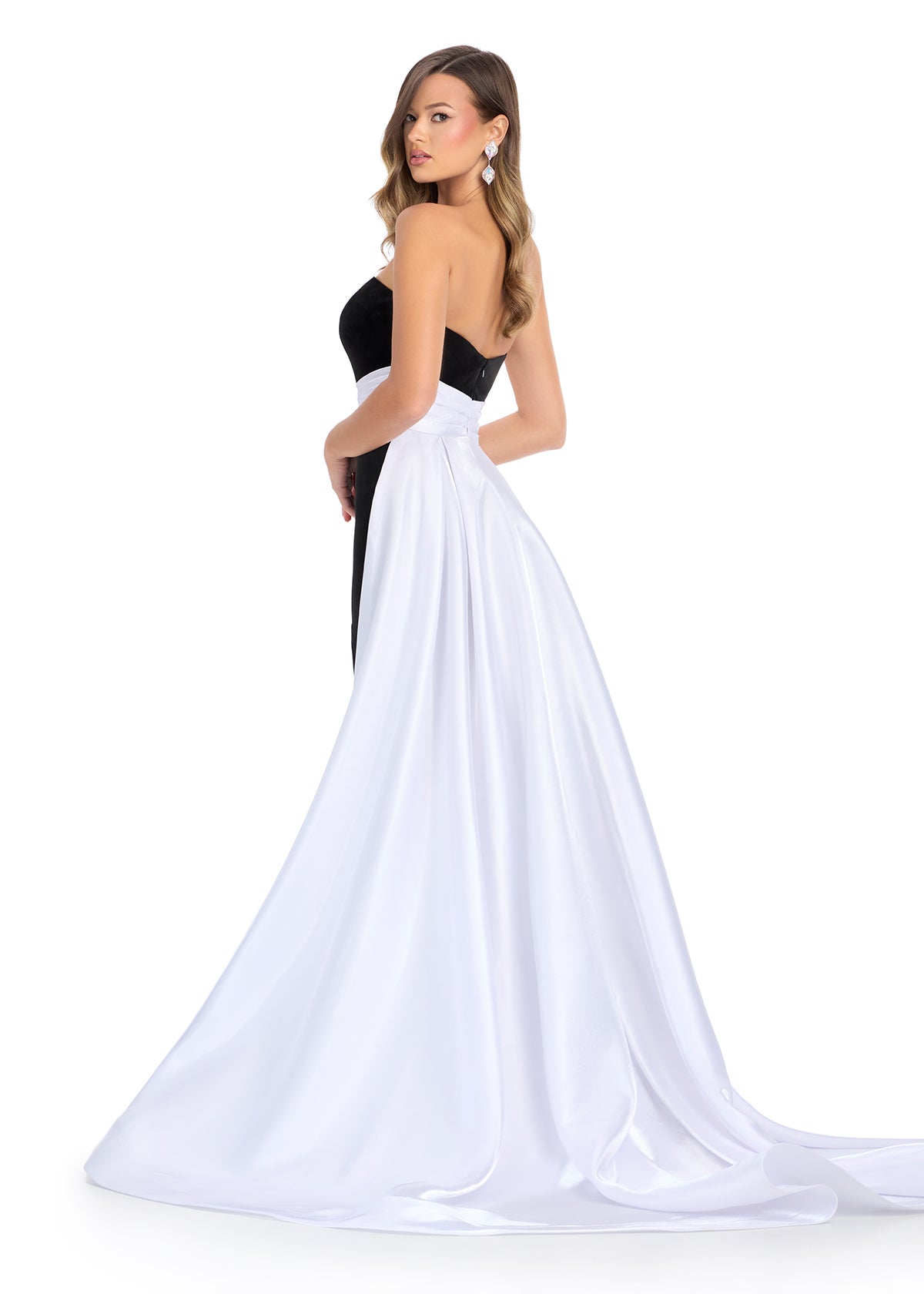 Strapless Evening Gown With Sweetheart Neckline, Side Slit, Contrasting White Sash And Train. Back View 







