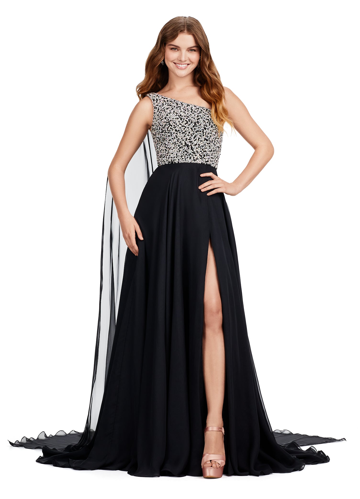 Black One-Shoulder Evening Gown with Embellished Bodice and Thigh-High Slit – Elegant Formal Wear