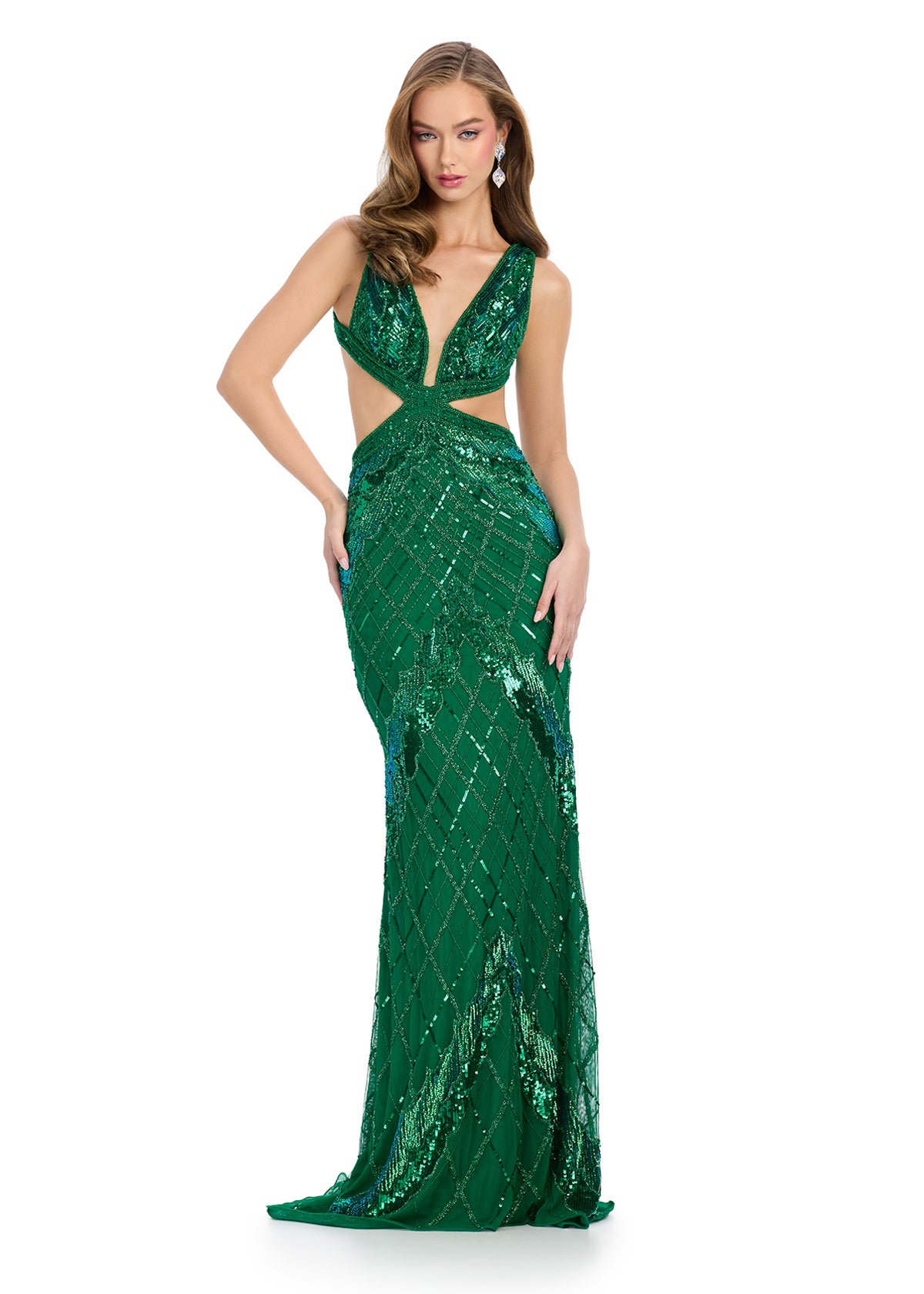 Emerald green gown with a plunging neckline, intricate sequin detailing, side cut-outs, and a fitted silhouette.