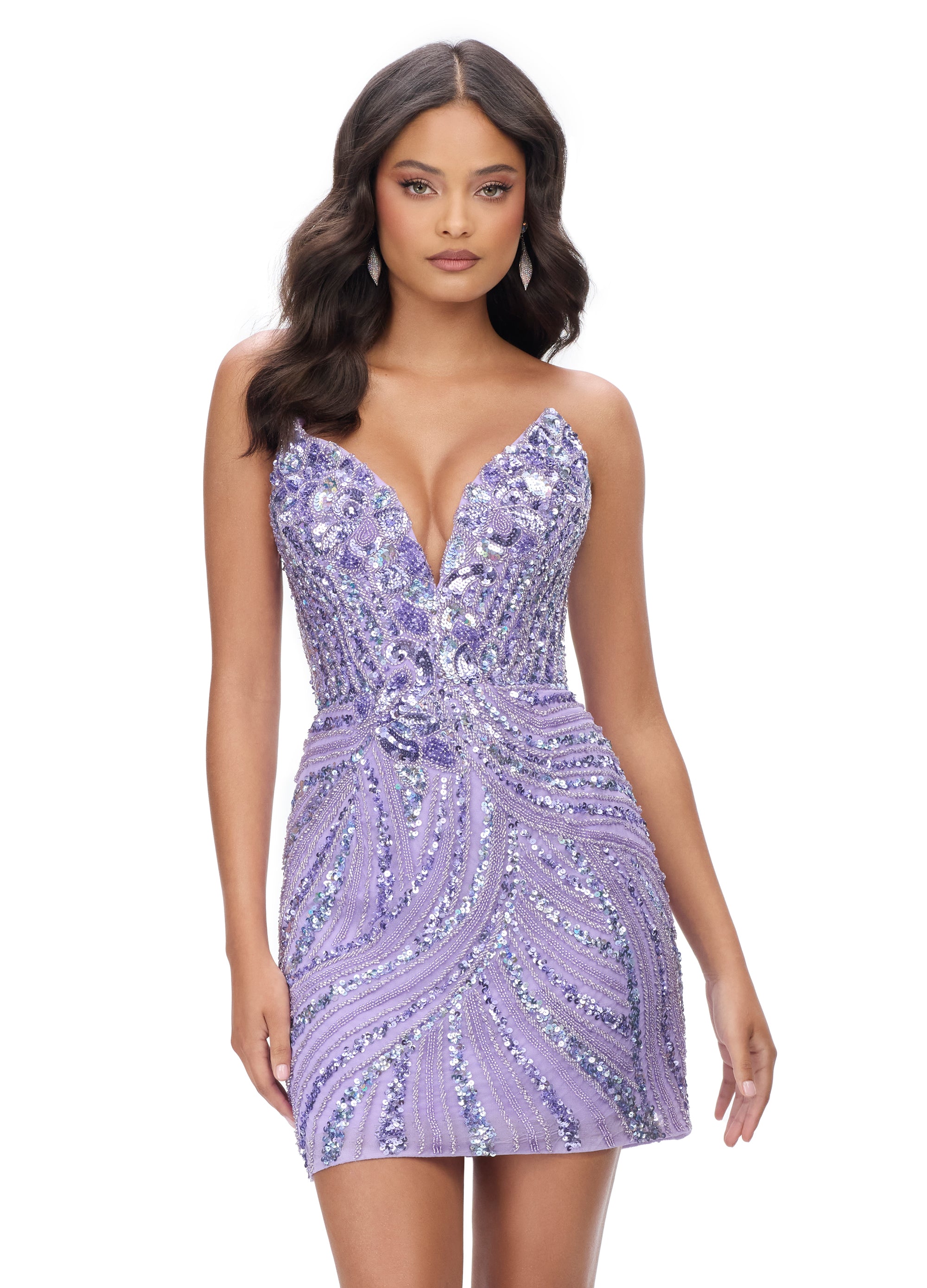 Lilac Sequin Mini Dress With Plunging Sweetheart Neckline