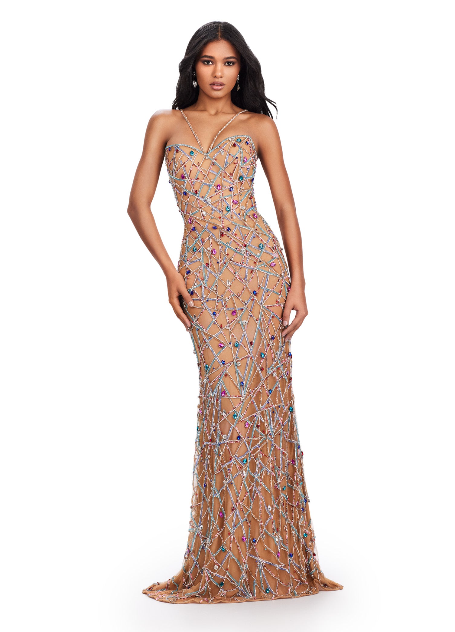 Gold Beaded Evening Gown with Colourful Gem Embellishments – Glamorous Couture Dress