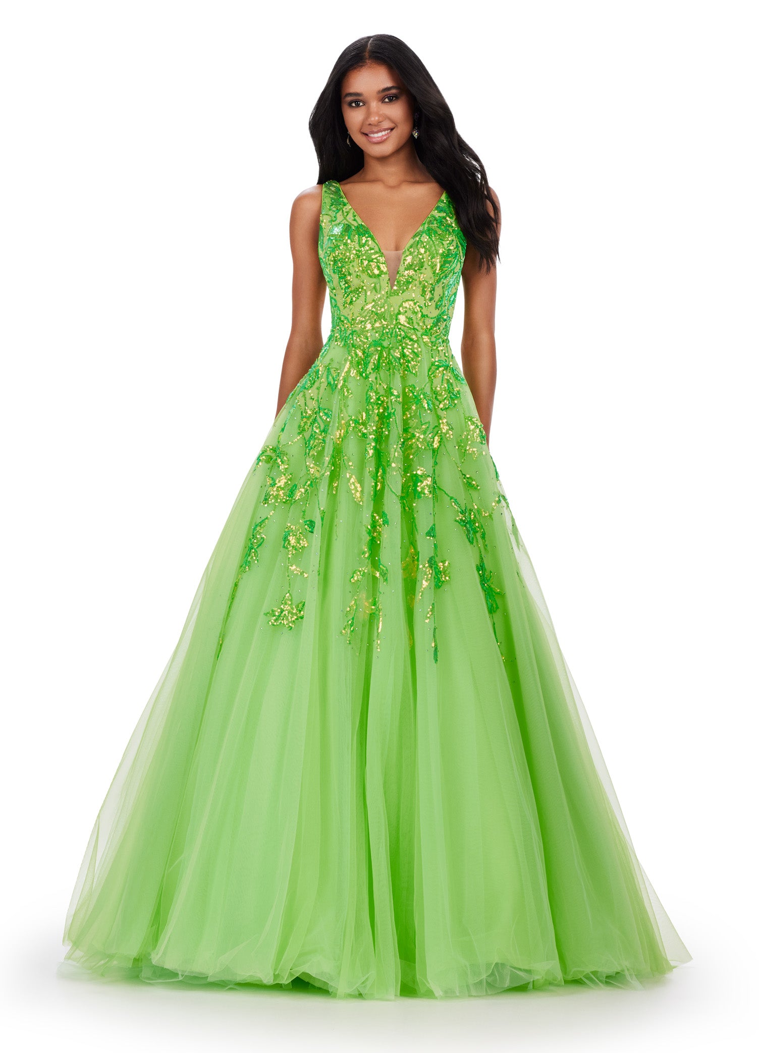 Neon Green Tulle Ball Gown with Plunge Neckline and Gold Embellishments – Perfect for Formal Events