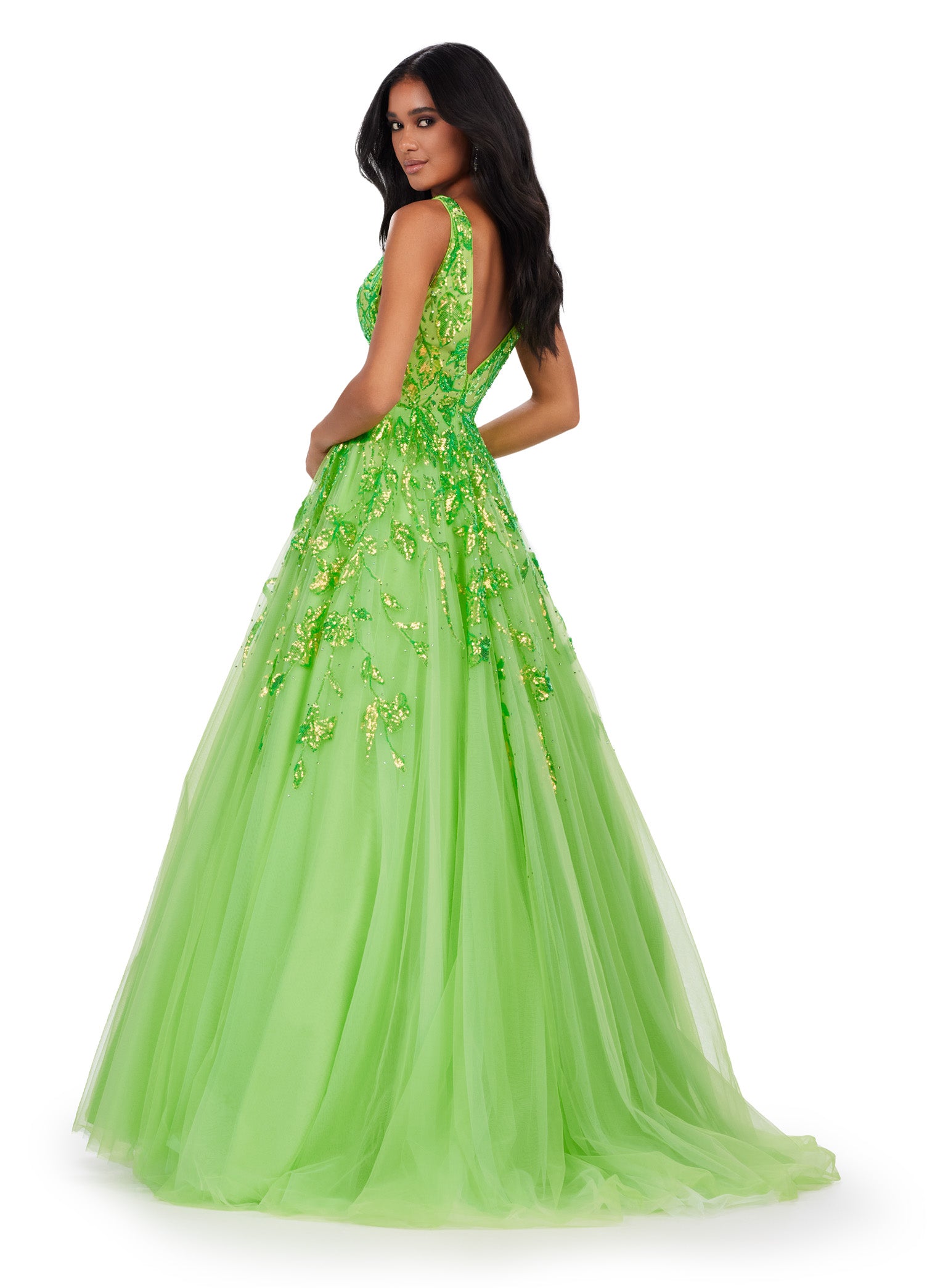 Neon Green Tulle Ball Gown with Plunge Neckline and Gold Embellishments – Perfect for Formal Events