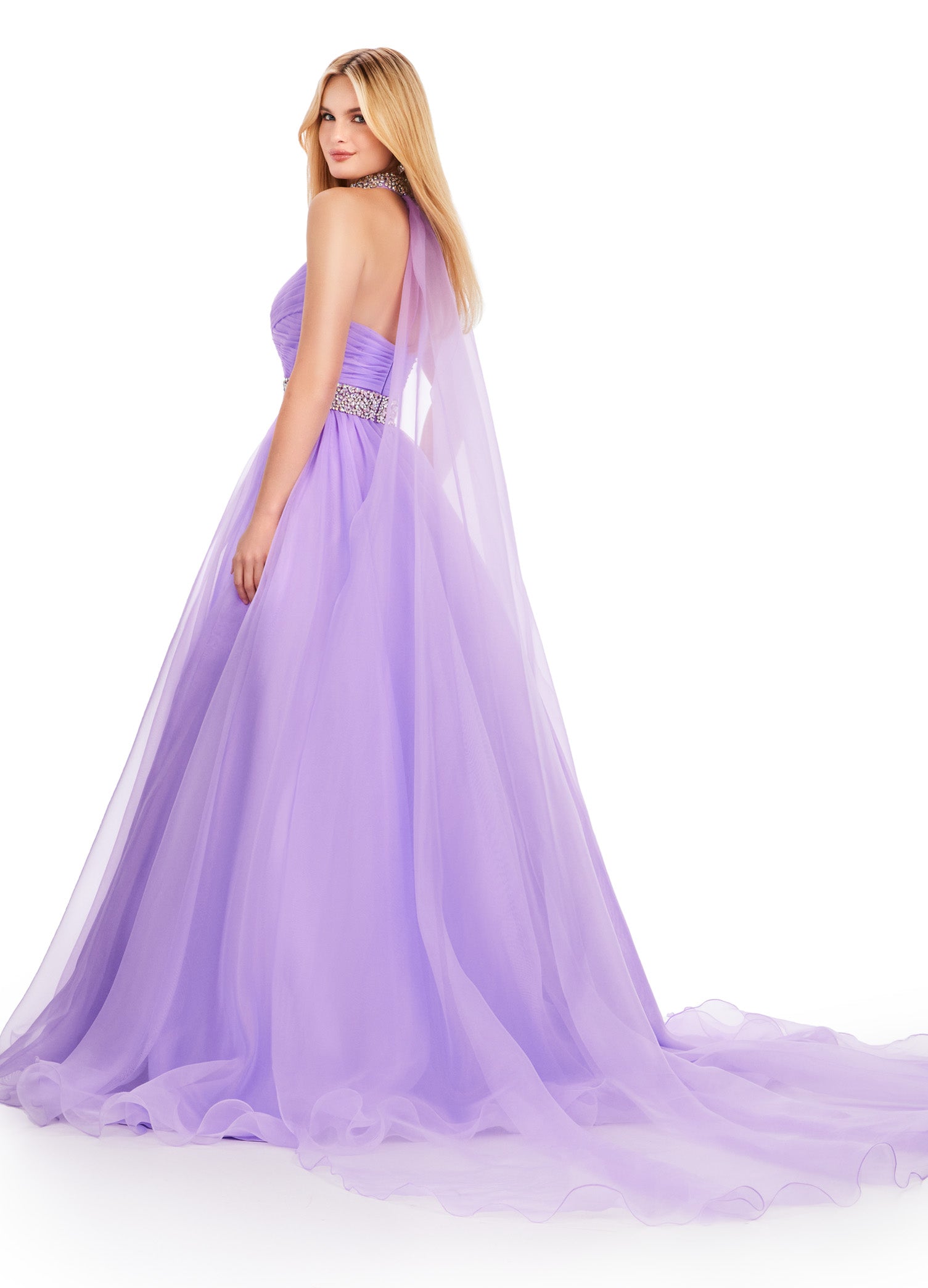 Back view - Lavender ball gown featuring a sweetheart neckline, ruched bodice, sparkling embellished waistband, and a flowing tulle skirt for a fairytale-inspired look.