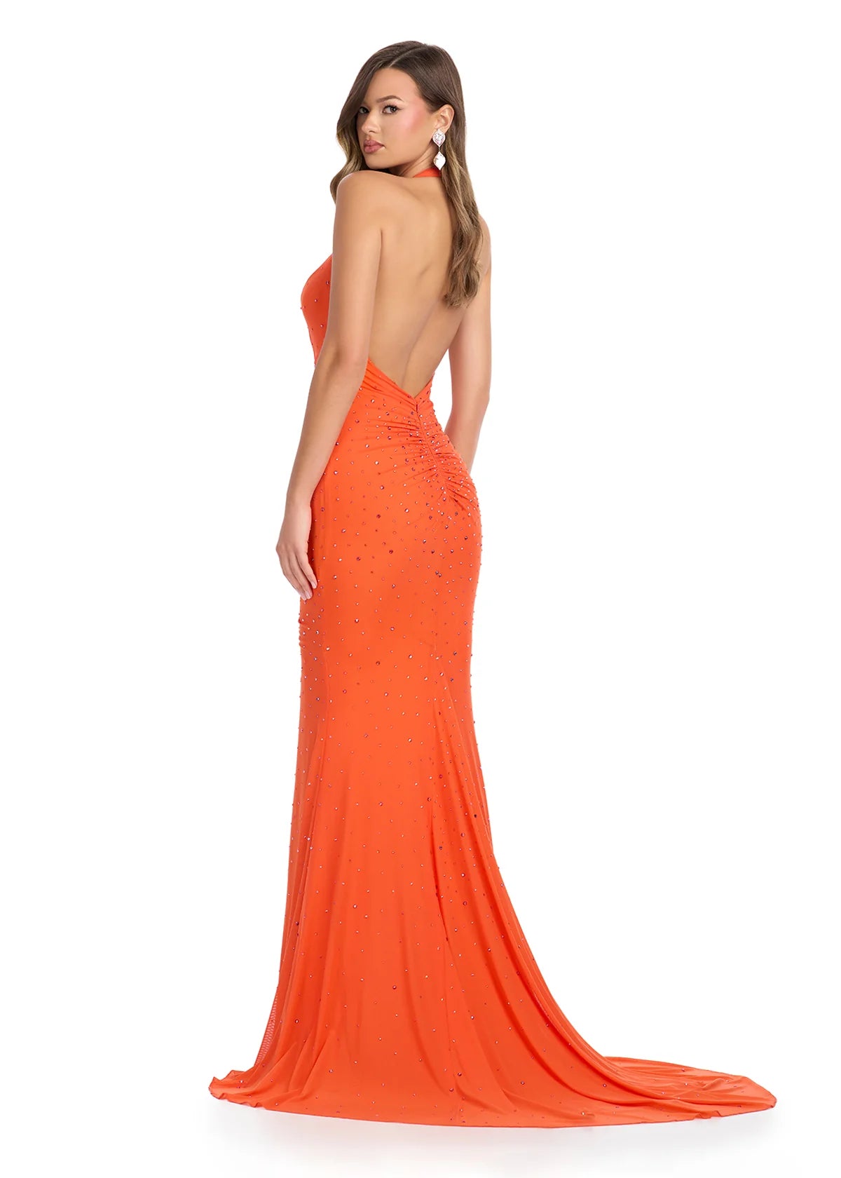 Back View - Orange halter-neck gown featuring a deep plunging neckline, ruched detailing, subtle embellishments, high slit, and a floor-length silhouette.