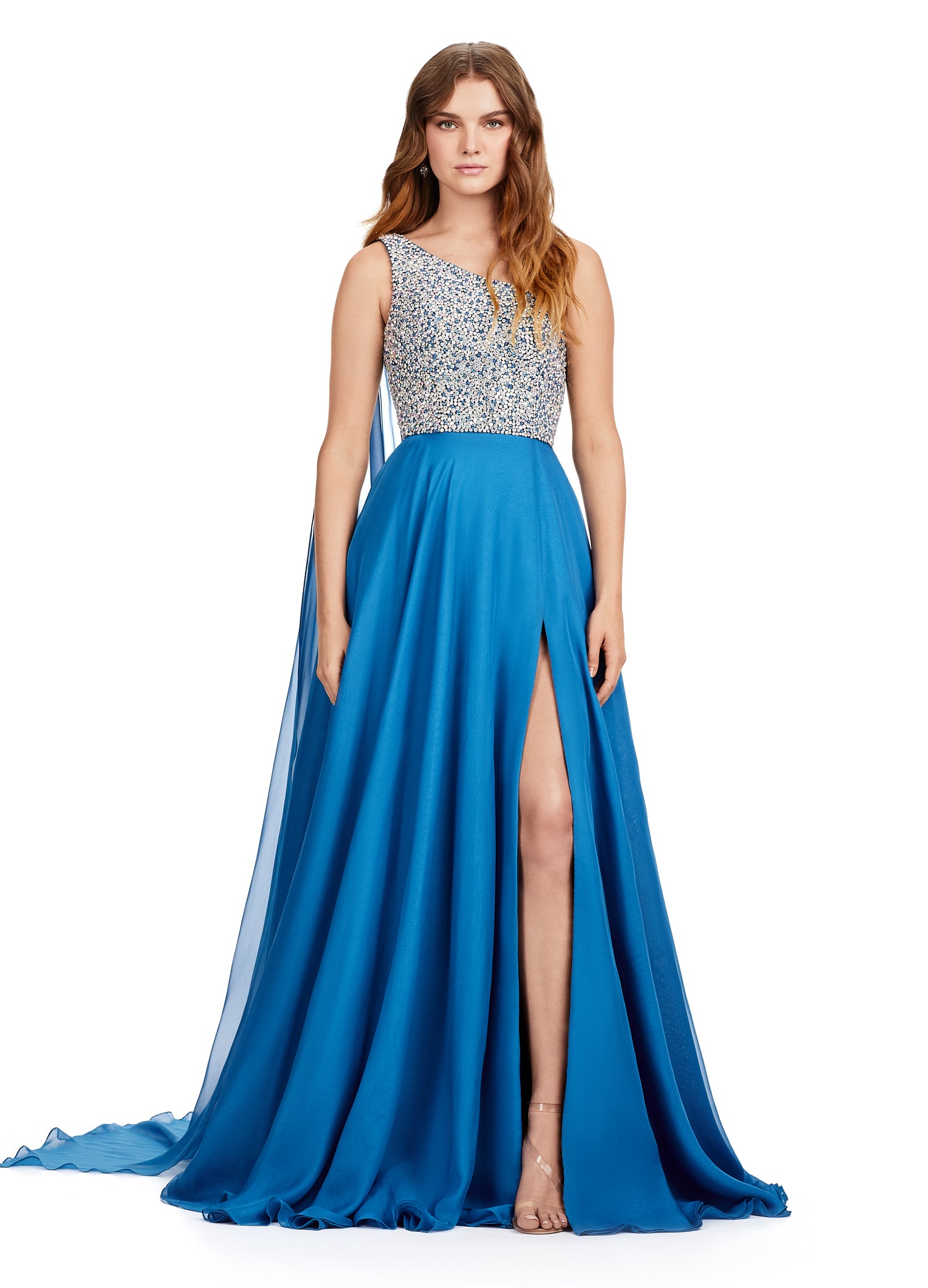 Teal Blue One-Shoulder Evening Gown with Embellished Bodice and Thigh-High Slit – Elegant Formal Wear