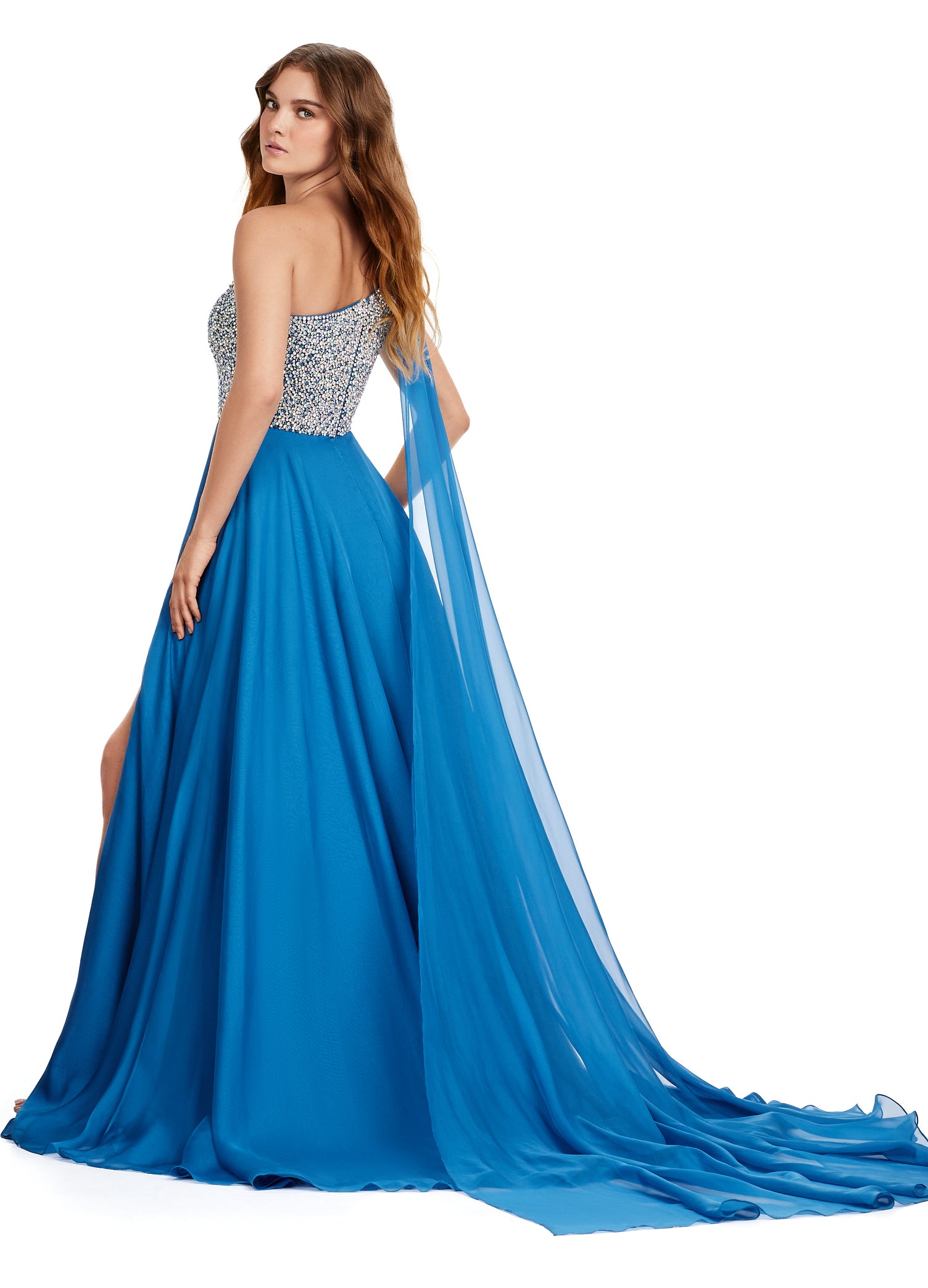 Teal Blue One-Shoulder Evening Gown with Embellished Bodice and Thigh-High Slit – Elegant Formal Wear