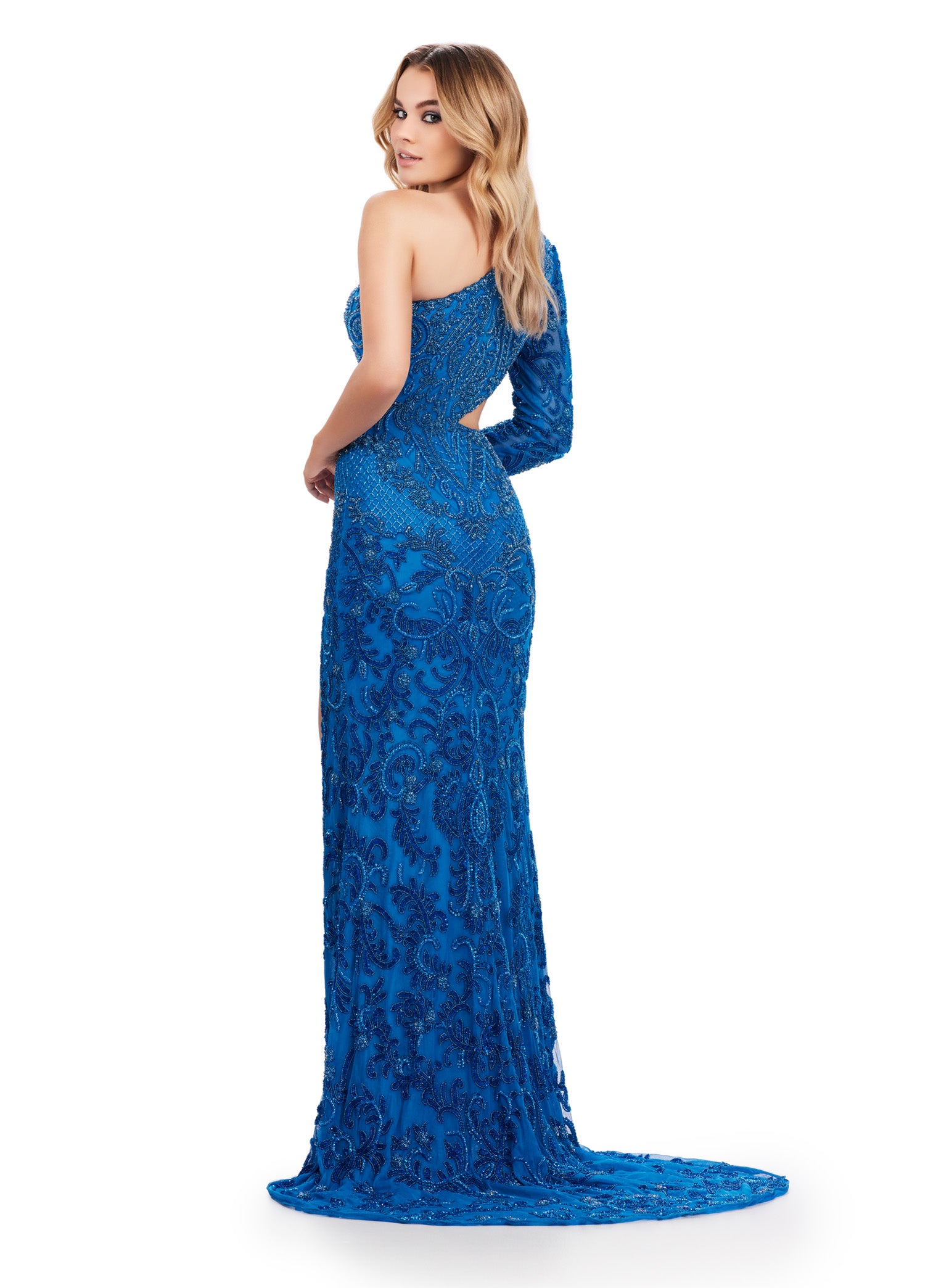 Peacock One-Shoulder Beaded Evening Gown with Cut-Out and Thigh-High Slit – Luxury Formal Wear