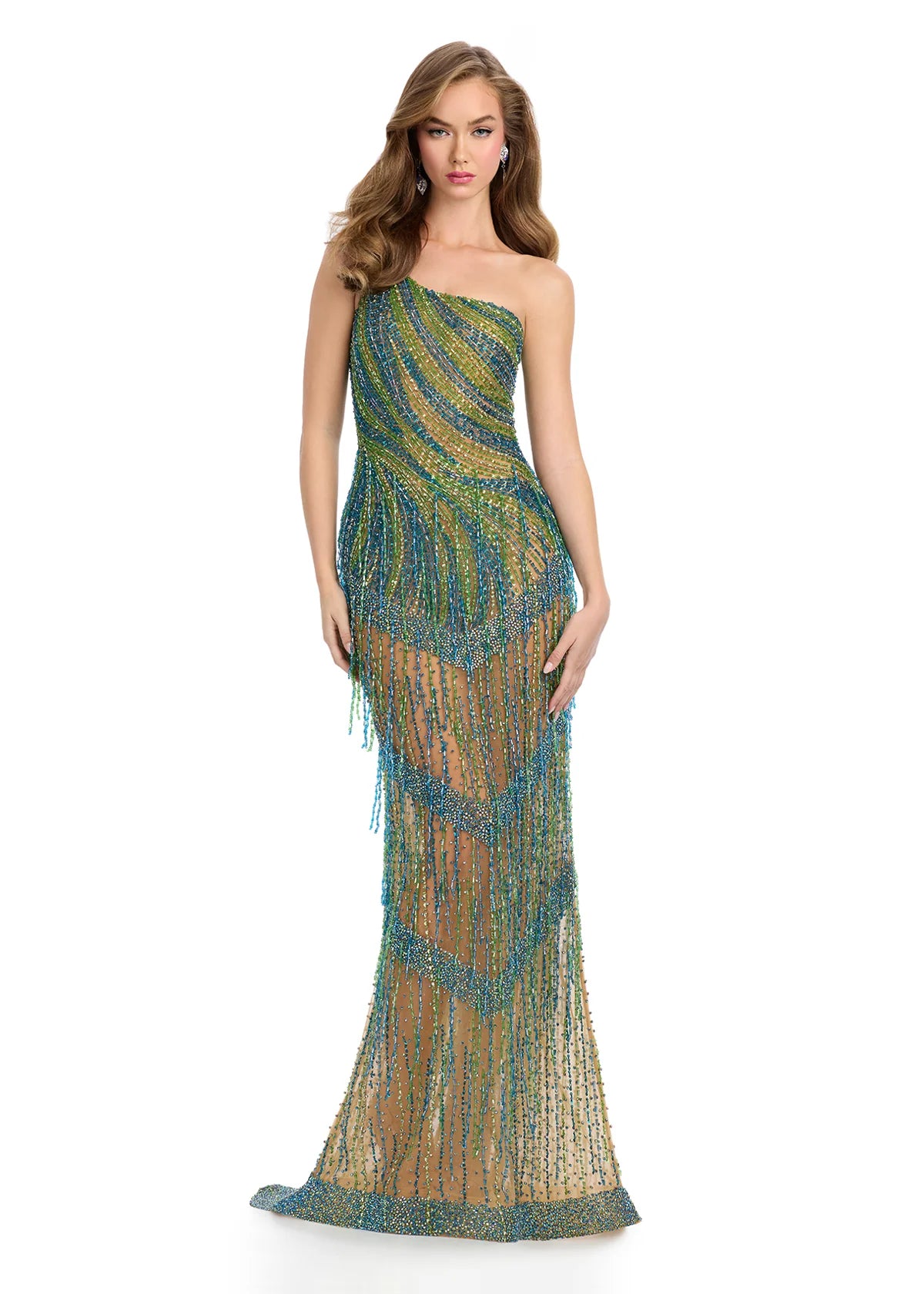 Peacock ASHLEYlauren 11985 Ophelia Gown Featuring Intricate Beadwork, One-Shoulder Design, and Cascading Fringe Detail for a Glamorous Statement Look.