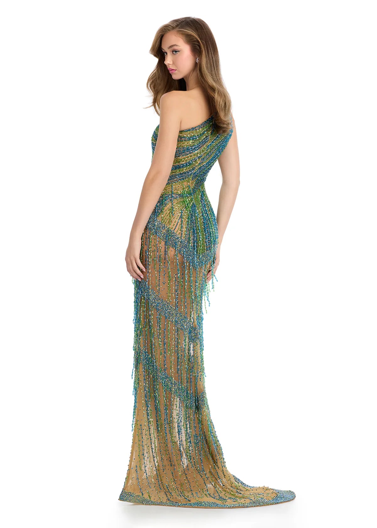 Back view - Peacock ASHLEYlauren 11985 Ophelia Gown Featuring Intricate Beadwork, One-Shoulder Design, and Cascading Fringe Detail for a Glamorous Statement Look.