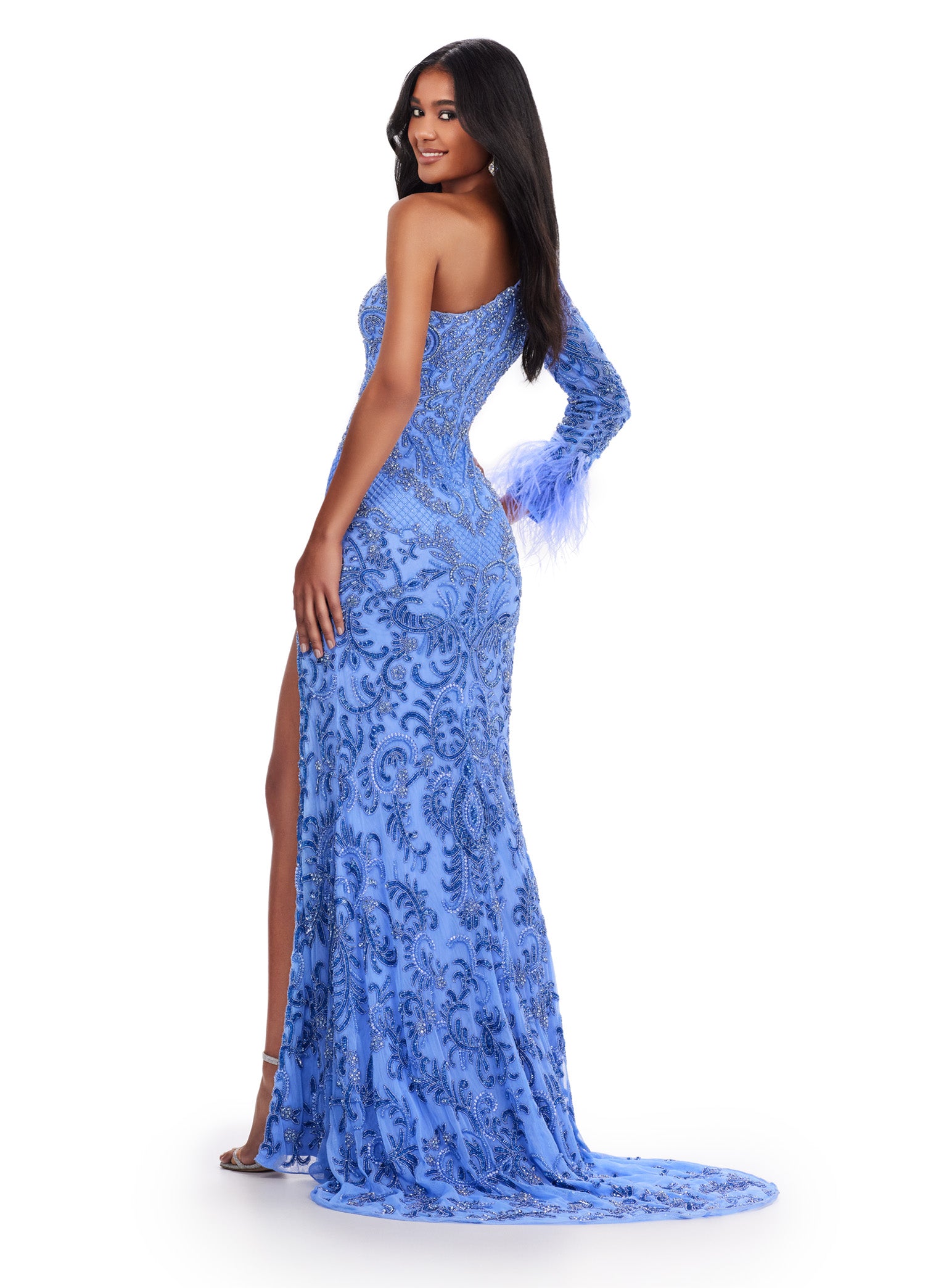 Periwinkle One-Shoulder Beaded Evening Gown with Cut-Out and Thigh-High Slit – Luxury Formal Wear