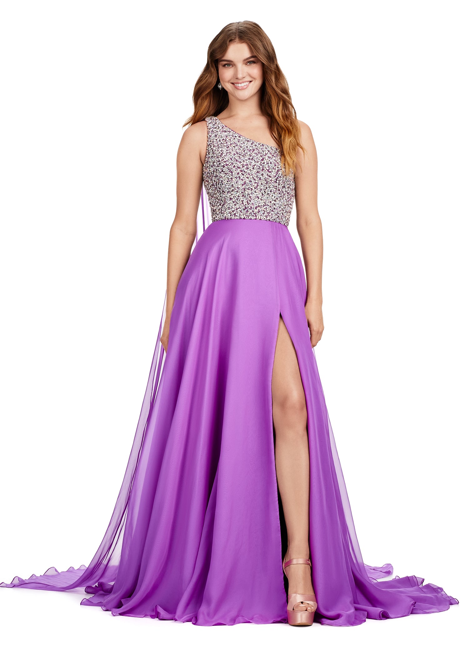 Purple One-Shoulder Evening Gown with Embellished Bodice and Thigh-High Slit – Elegant Formal Wear