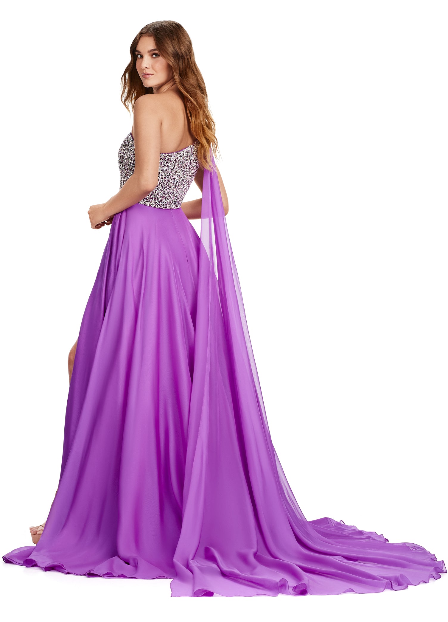 Purple One-Shoulder Evening Gown with Embellished Bodice and Thigh-High Slit – Elegant Formal Wear