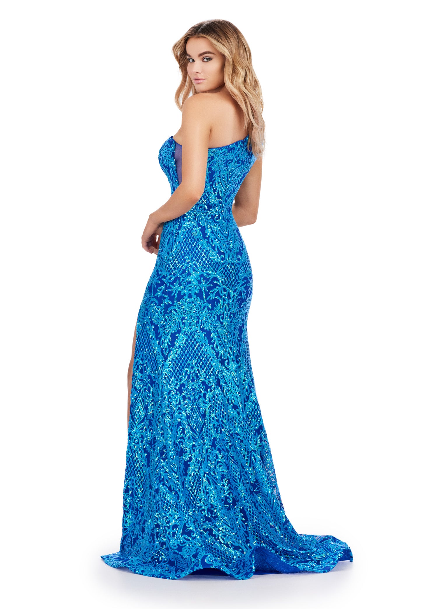 Blue One-Shoulder Embellished Evening Gown with Thigh-High Slit – Glamorous Formal Wear