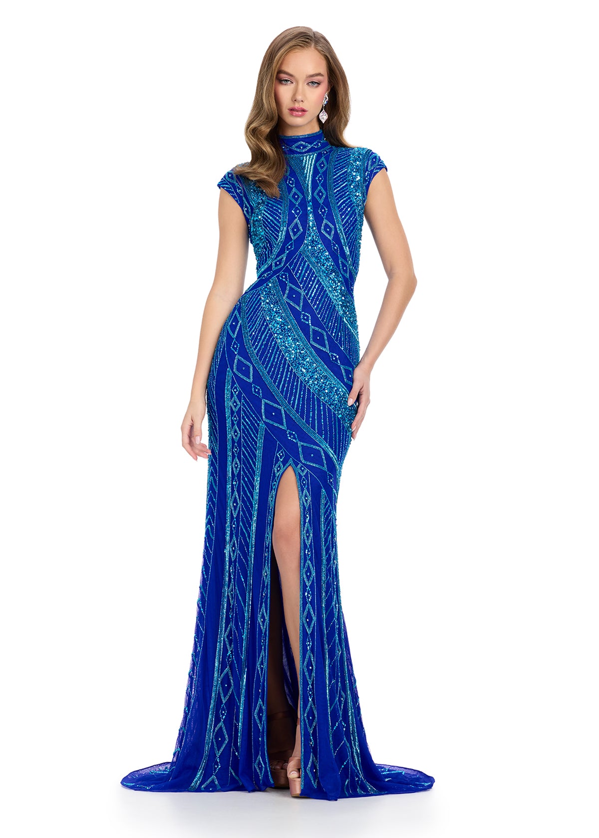 Elegant blue floor-length gown with cap sleeves, high neckline, intricate gold geometric beadwork, and a front slit for added sophistication.