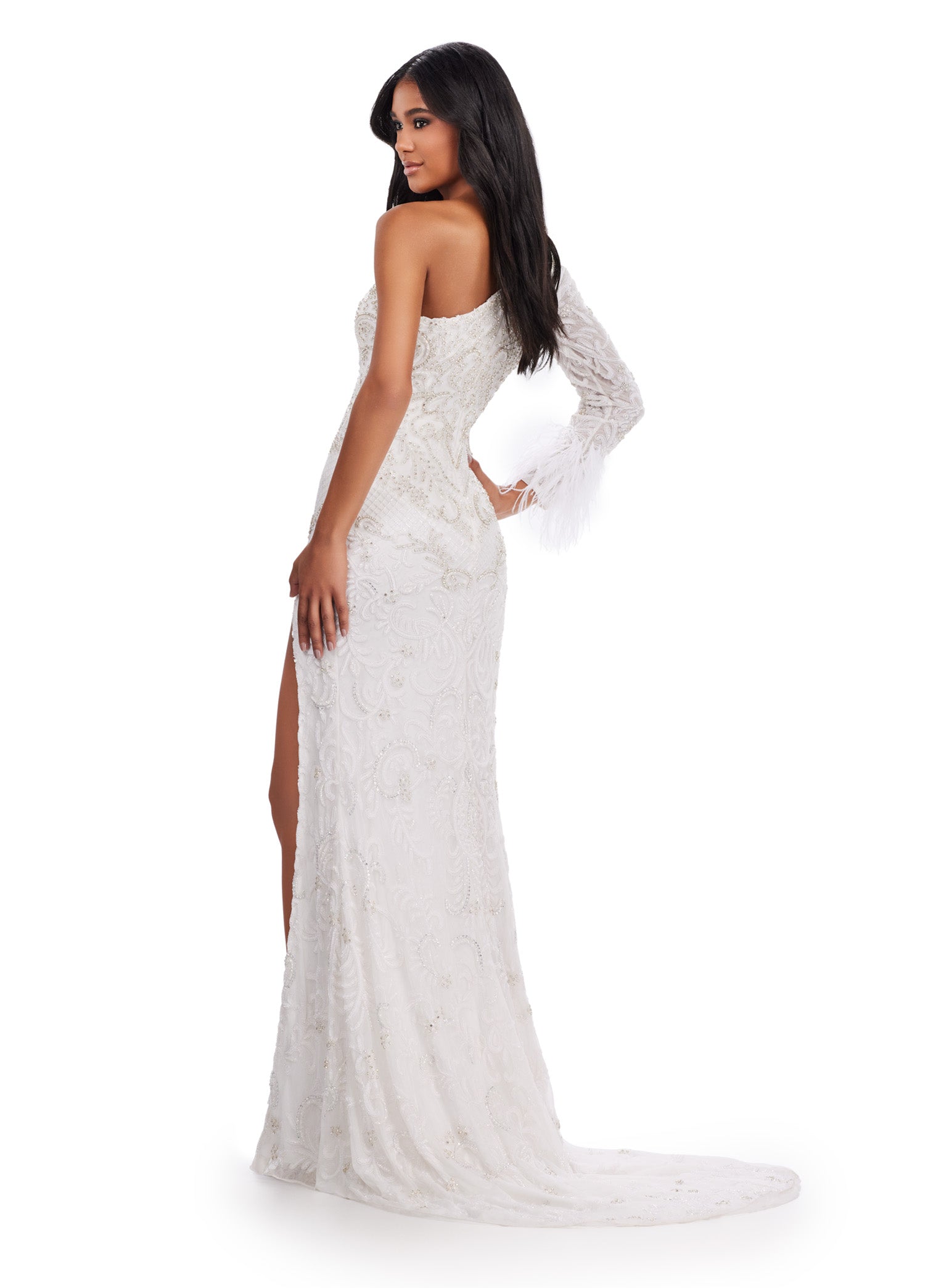 White One-Shoulder Beaded Evening Gown with Cut-Out and Thigh-High Slit – Luxury Formal Wear