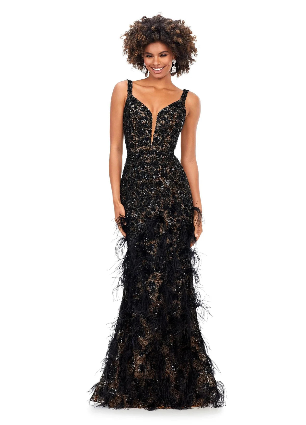 Ava ASHLEYlauren Dress | Black  Beaded Evening Gown With Feather Details