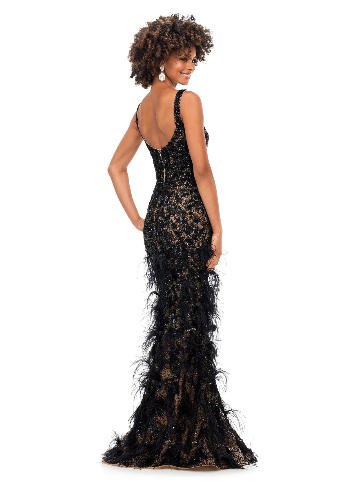 Ava ASHLEYlauren Dress | Black  Beaded Evening Gown With Feather Details - Back View