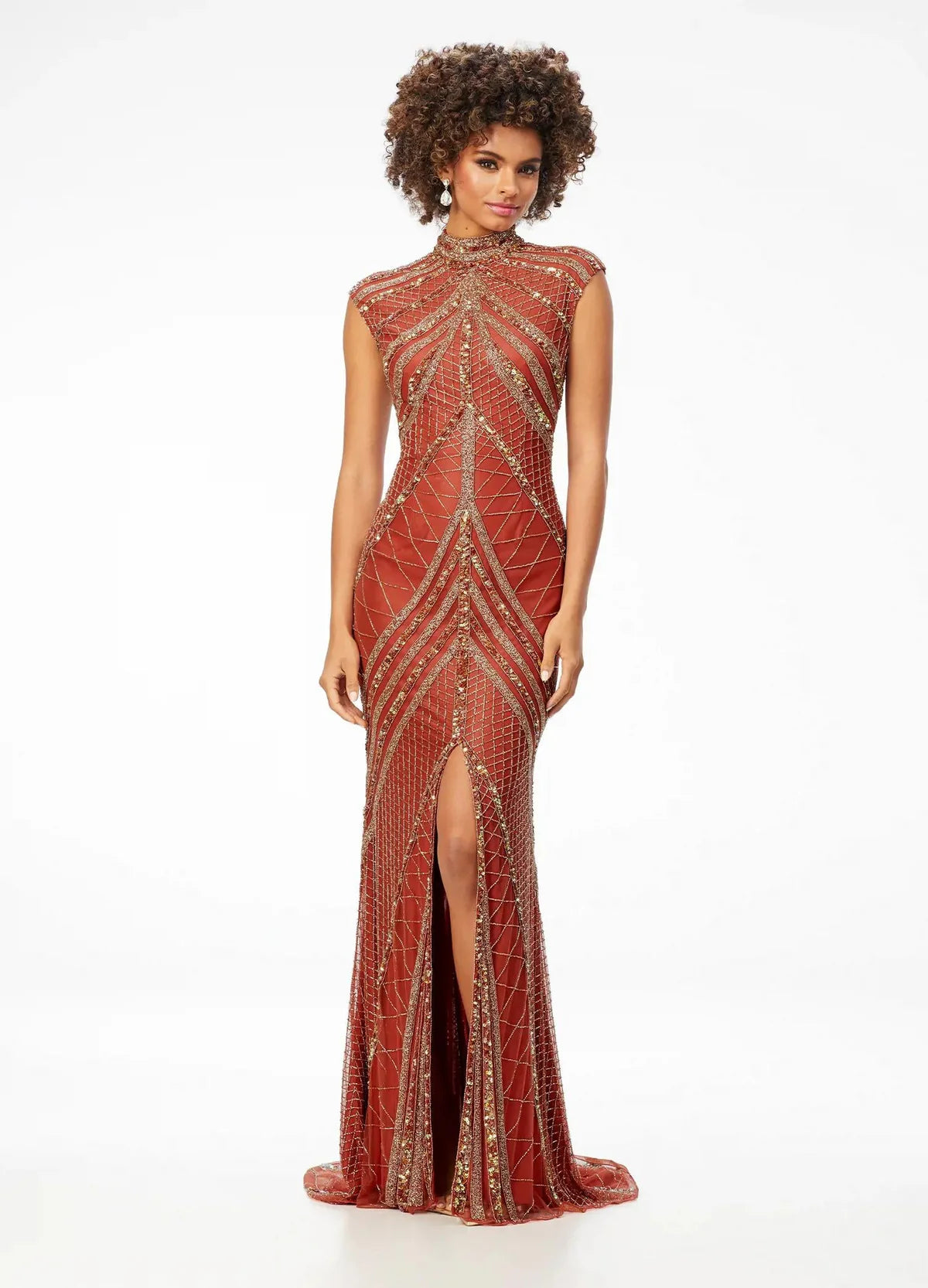 Geometric gown with intricate beadwork, a high neckline, and cap sleeves, designed with a dramatic front slit for a striking and elegant look.