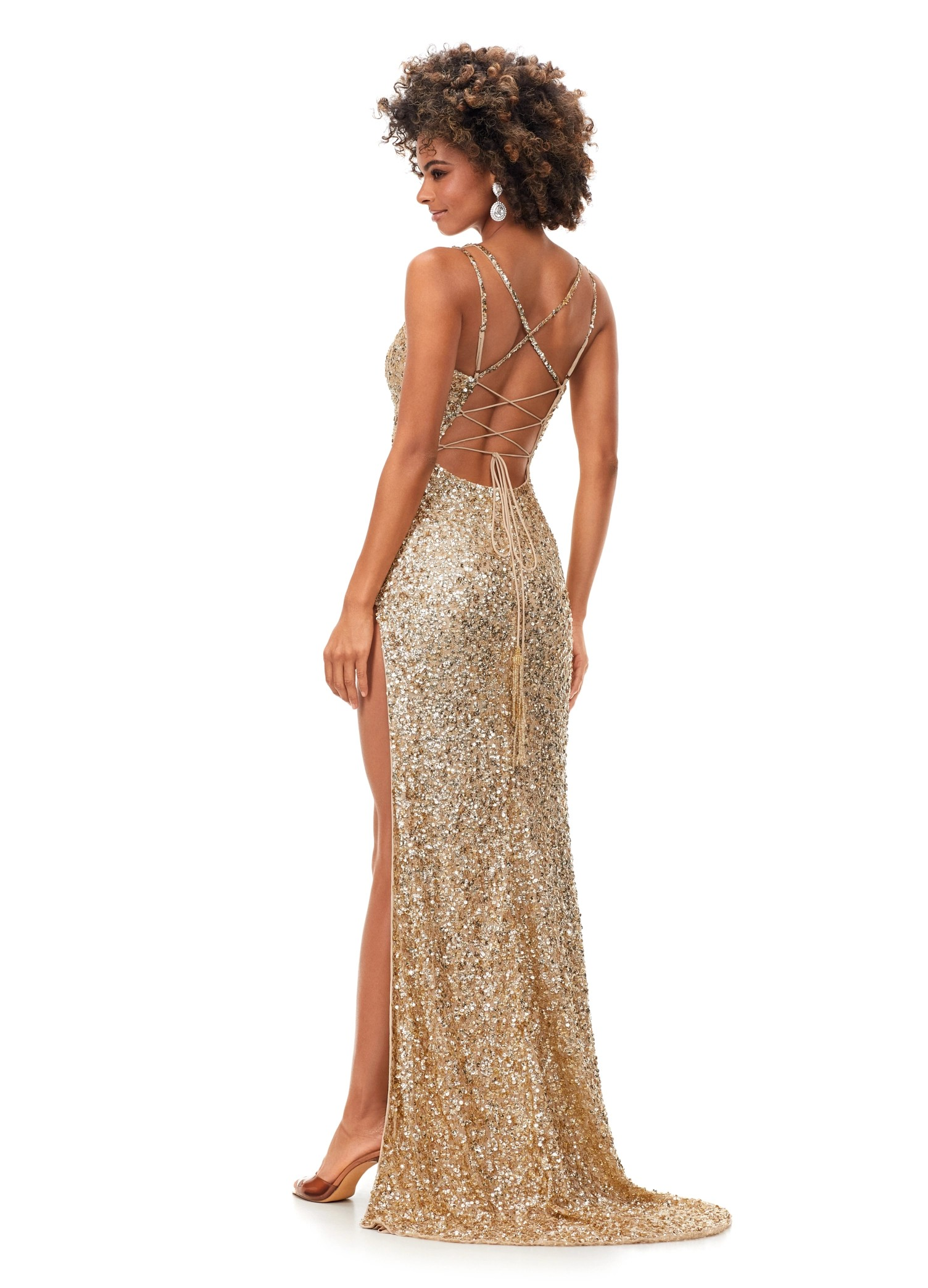 Allure ASHLEYlauren Gown | Gold Sequin Gown With High Slit & Cross Back