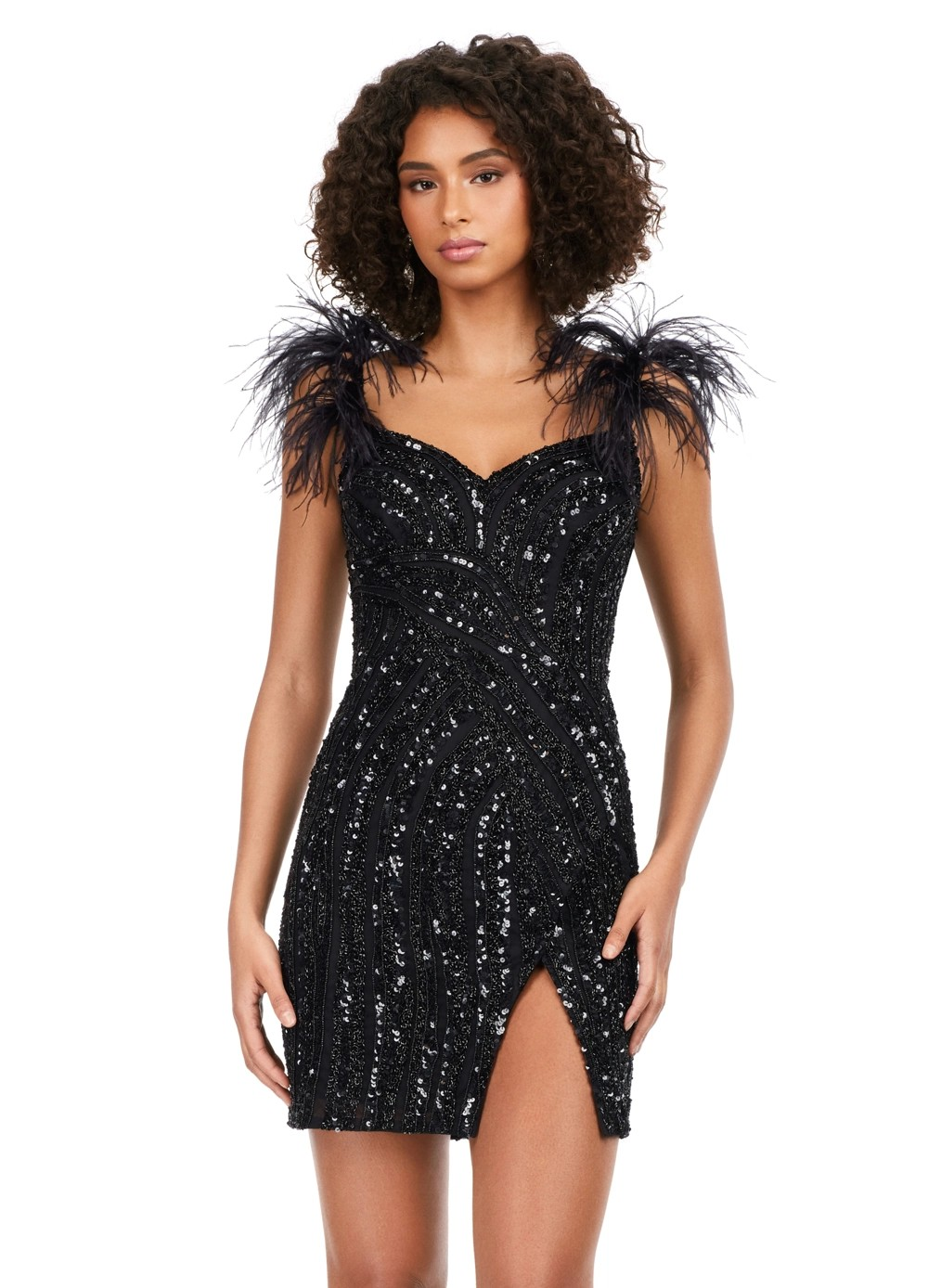 Black Sequin Mini Dress with Feather Shoulder Detail