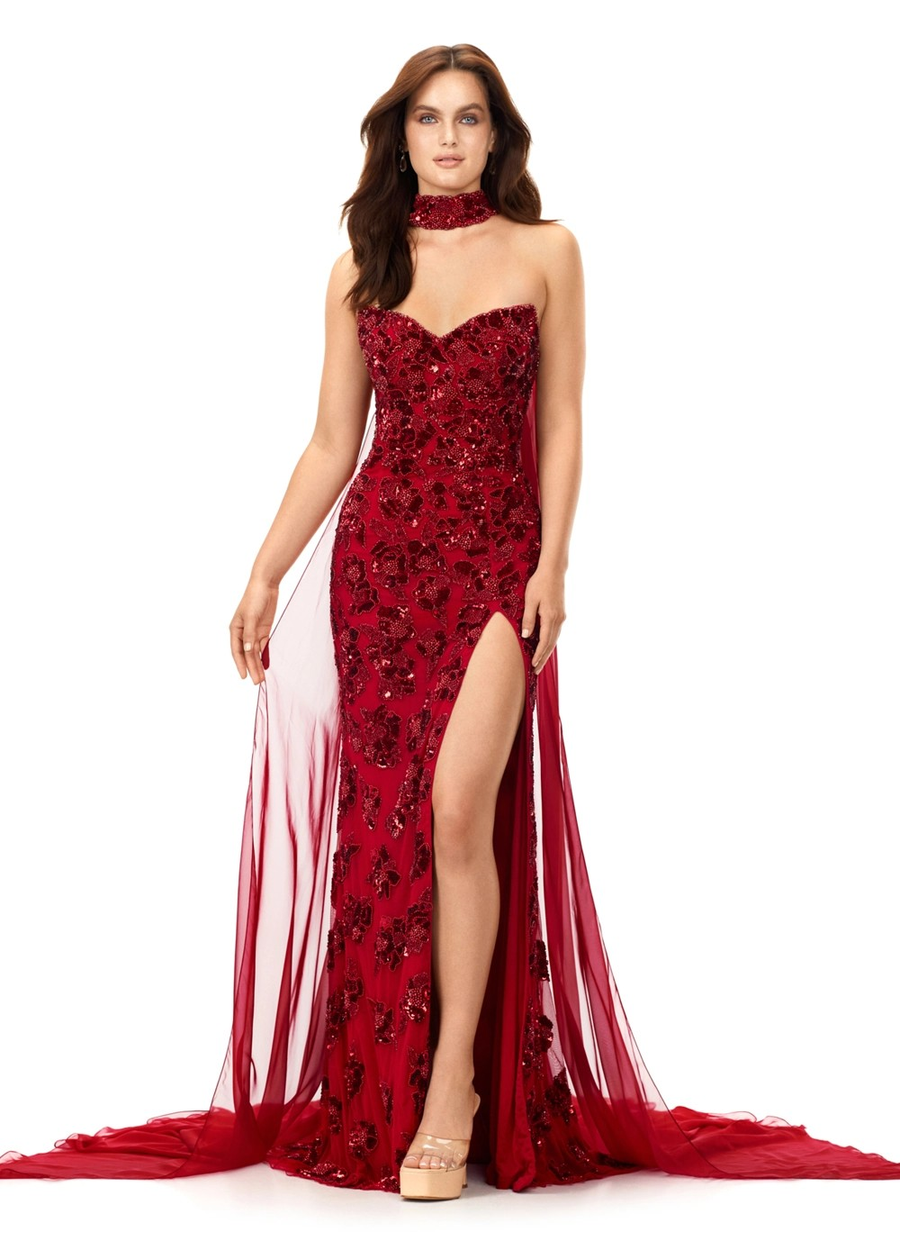 Cristal ASHLEYlauren Gown | Red Strapless Sequin Gown With Slit & Cape Choker