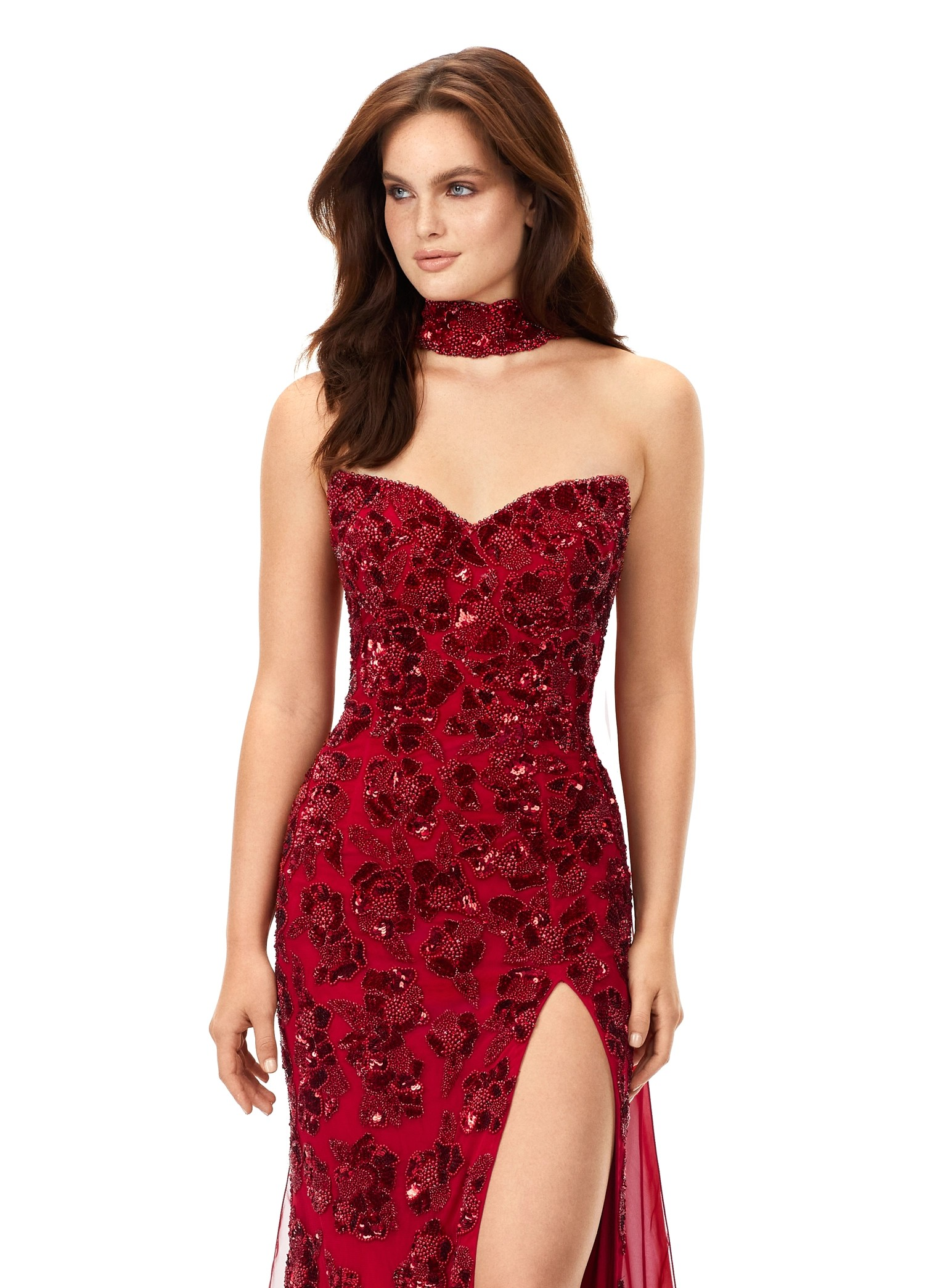 Cristal ASHLEYlauren Gown | Red Strapless Sequin Gown With Slit & Cape Choker