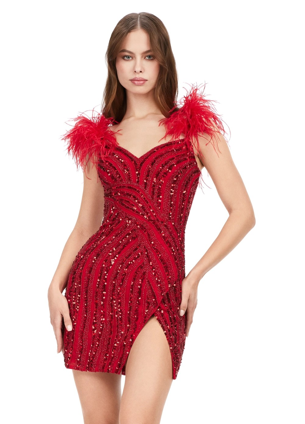 Red Sequin Mini Dress with Feather Shoulder Detail