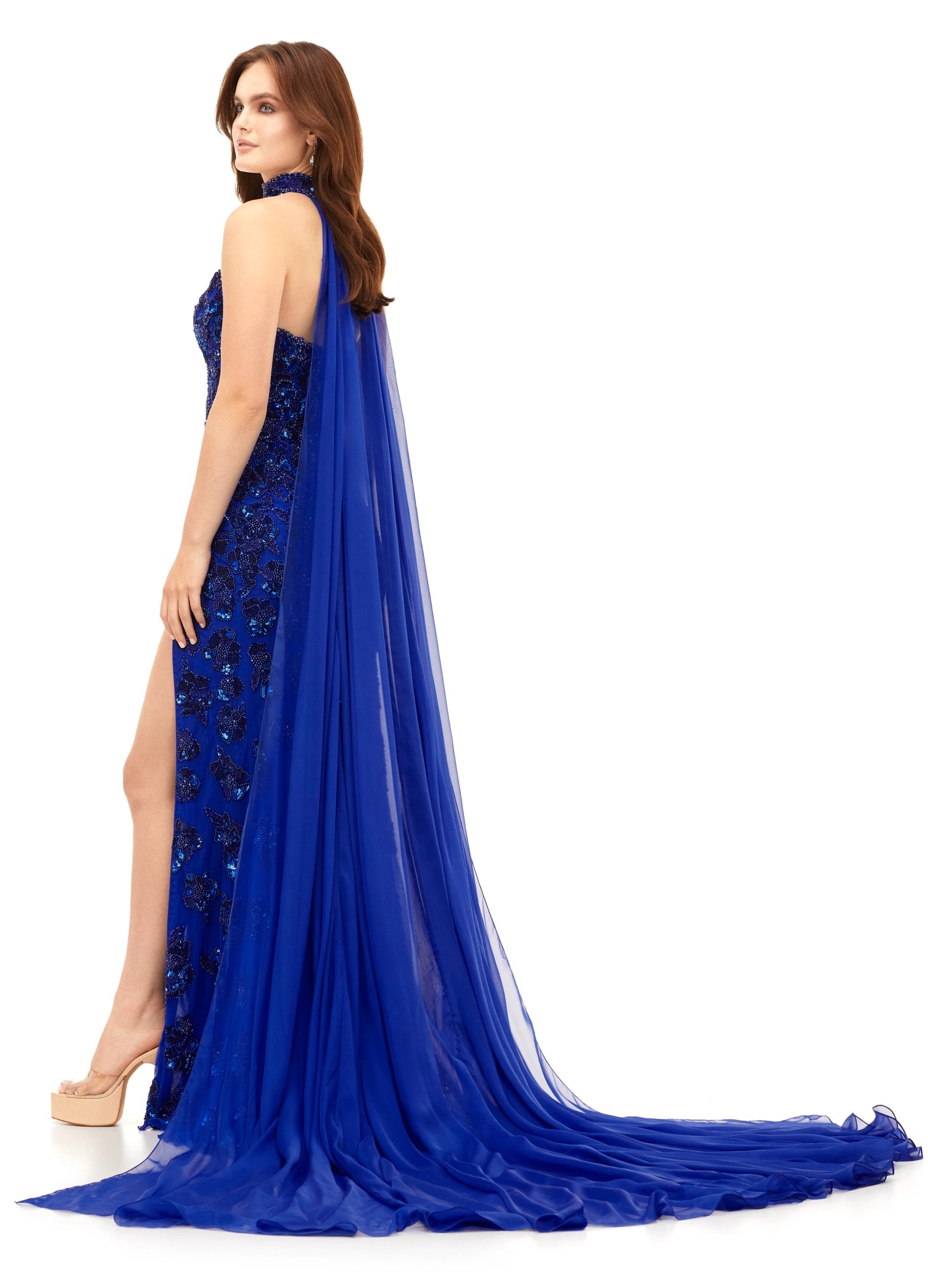 Cristal ASHLEYlauren Gown | Cobalt Strapless Sequin Gown With Slit & Cape Choker