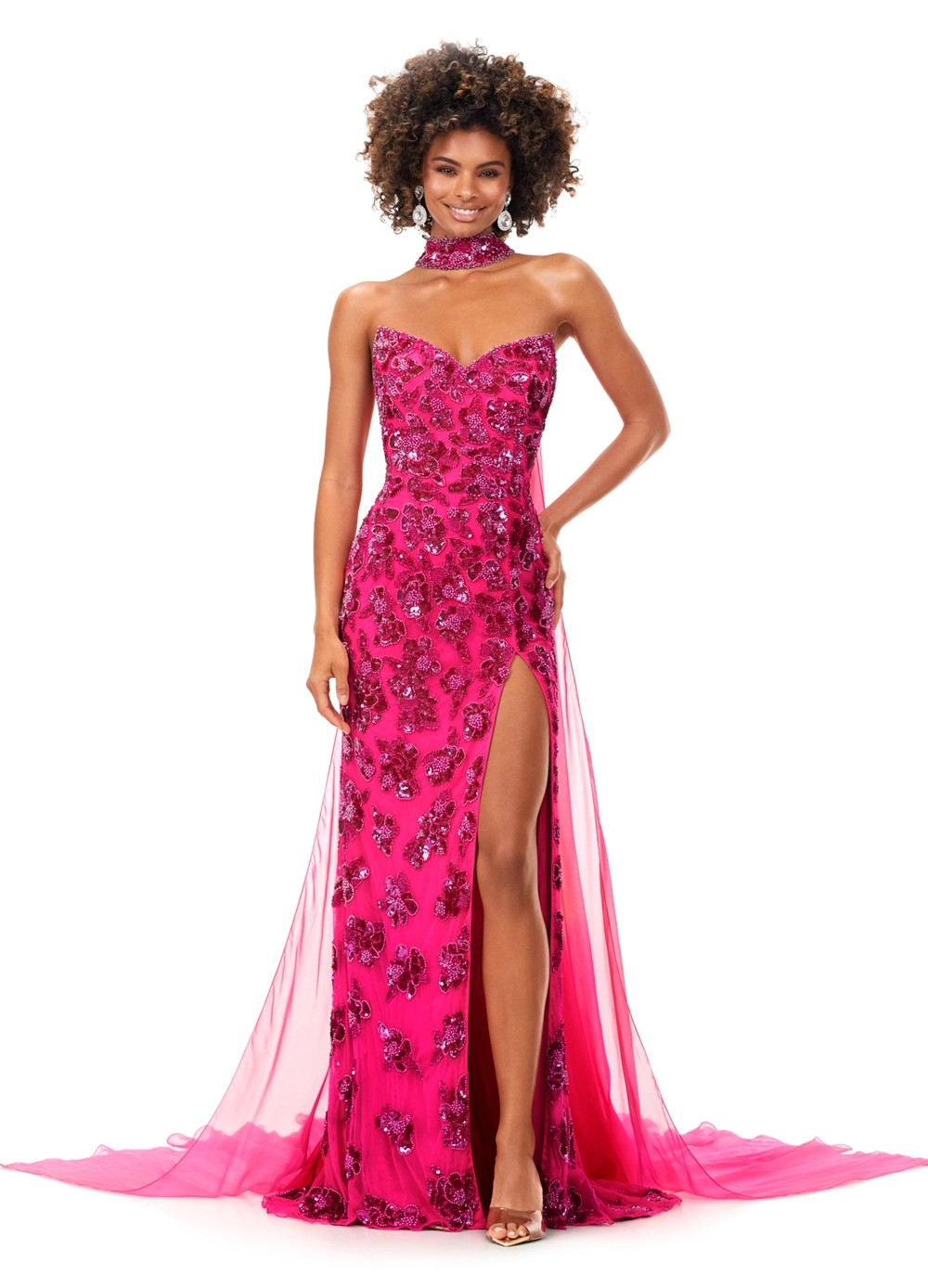 Cristal ASHLEYlauren Gown | Pink Strapless Sequin Gown With Slit & Cape Choker