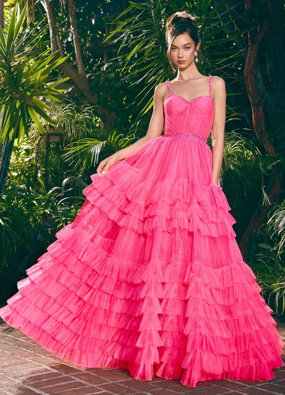 Video - Hot Pink ball gown with a sweetheart neckline, fitted bodice, embellished waistband, and tiered tulle skirt.