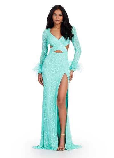 Video - Aqua gown featuring intricate embroidery, long sheer sleeves, feathered cuffs, a daring cutout waistline, and a high slit for a chic and elegant look.