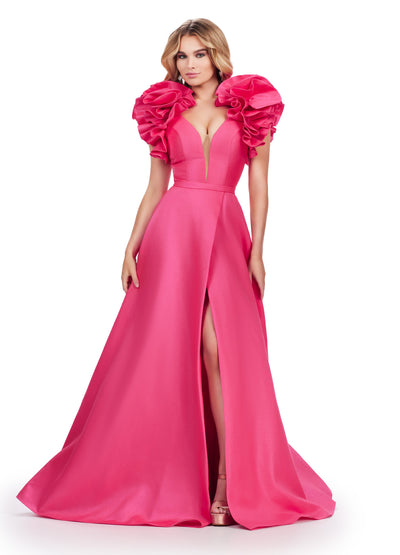 Video - Hot pink ball gown featuring dramatic ruffled puff sleeves, a deep V-neckline, and a high slit, perfect for a regal and glamorous entrance.