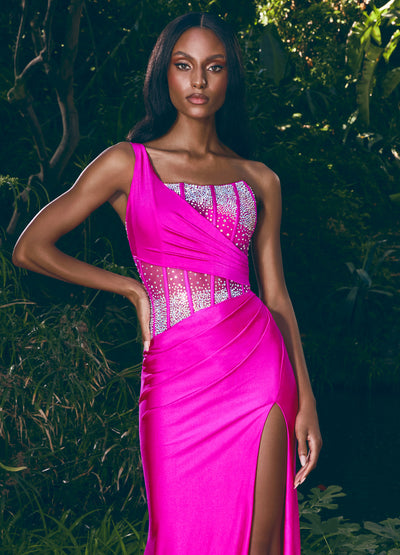 Video - Pink One-Shoulder Evening Gown with Beaded Bodice & Thigh-High Slit