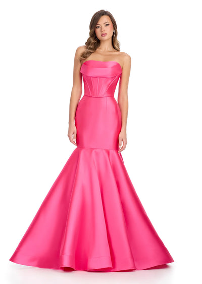 Strapless Pink  Mermaid Gown Featuring A Satin Corset Bodice And Dramatic Flared Skirt. Video.