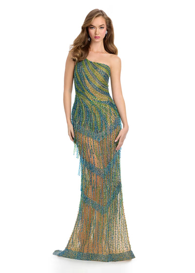 Video - Peacock ASHLEYlauren 11985 Ophelia Gown Featuring Intricate Beadwork, One-Shoulder Design, and Cascading Fringe Detail for a Glamorous Statement Look.