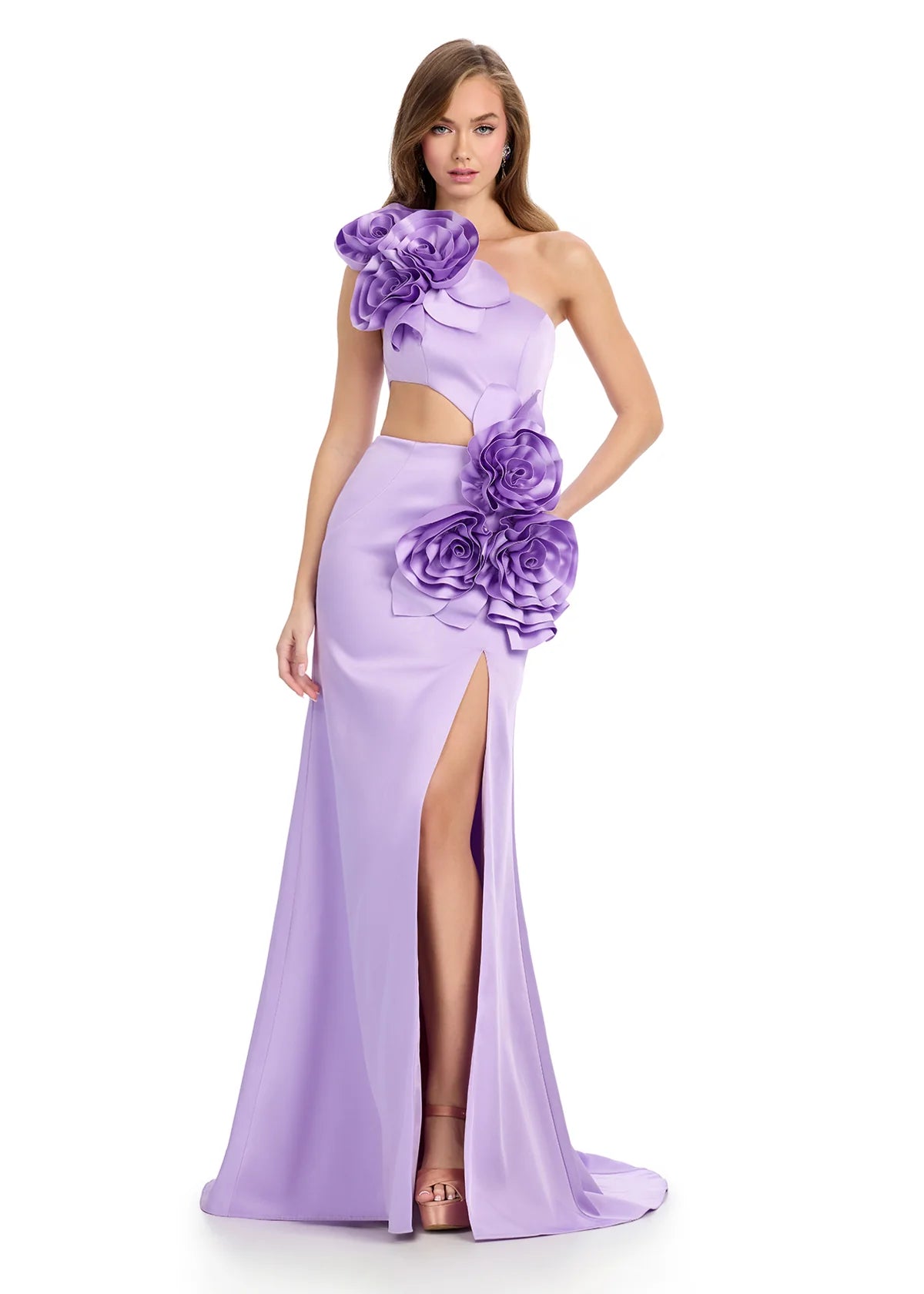 Video - Lilac gown with an asymmetrical neckline, large rose accents, side cut-out, high slit, and a floor-length fitted silhouette.